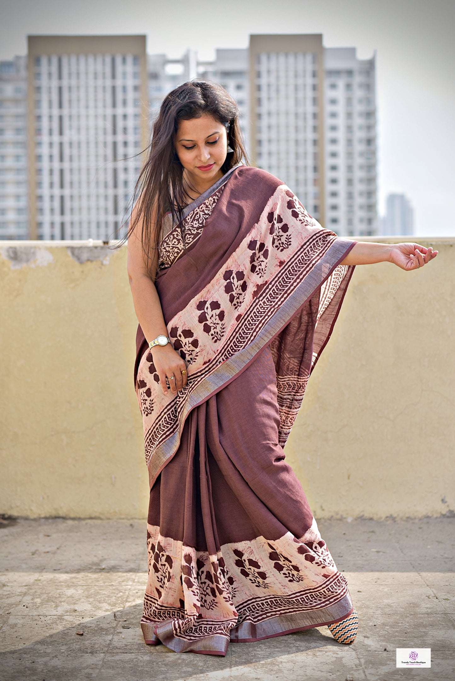  best summer handwoven handloom fabric handblock print organic slub linen saree brown color floral pattern at best price online with blouse piece for office wear or everyday styling!