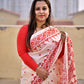 kantha stitch designer blended bangalore silk saree in offwhite and red thread work in traditional design with blouse piece and lightweight, soft, breathable for weddings, anniversary, special function, office events with blouse piece best price