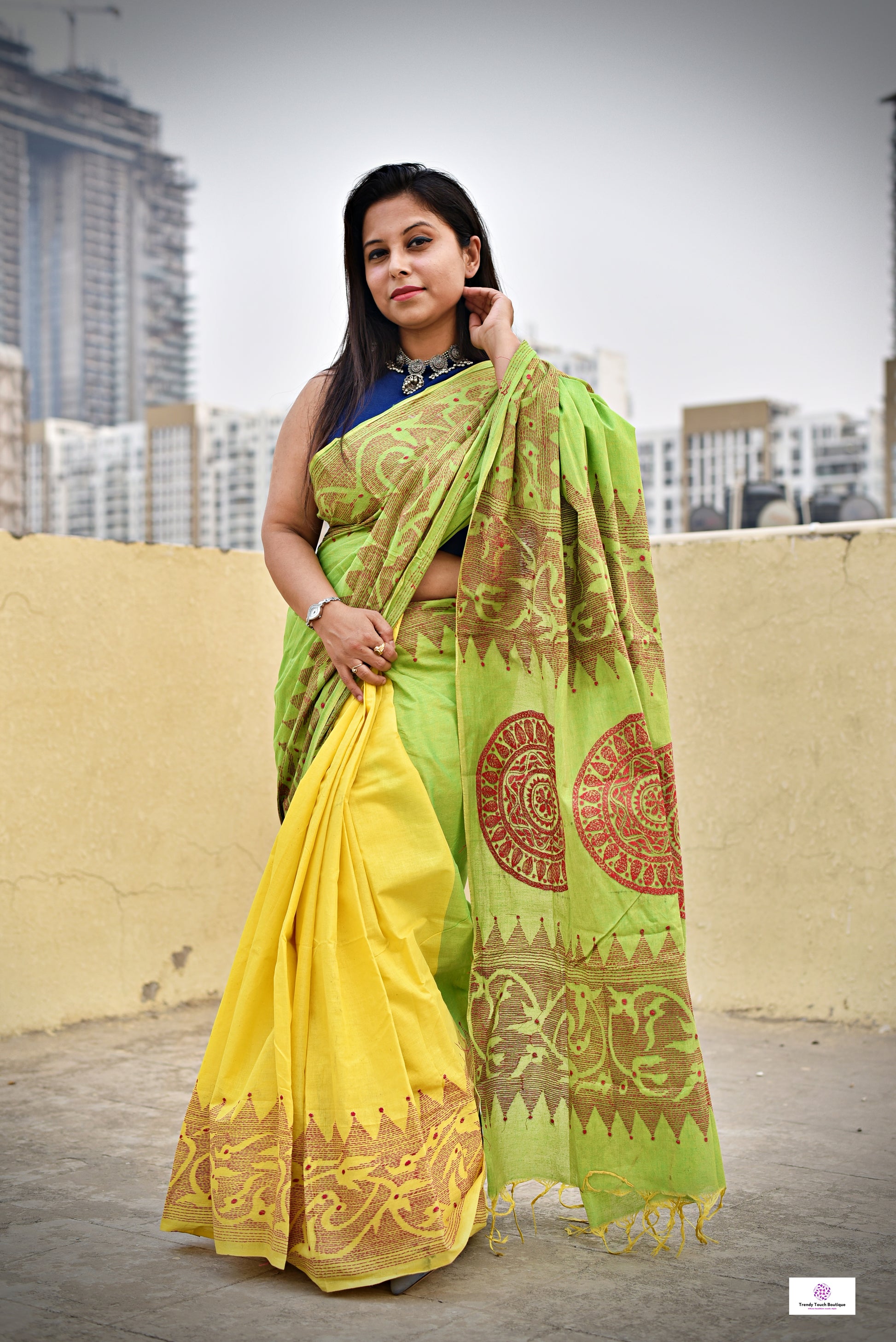 green yellow khadi cotton kantha handembroidered designer saree best summer fabric wedding and casual celebration get together with blouse piece best price