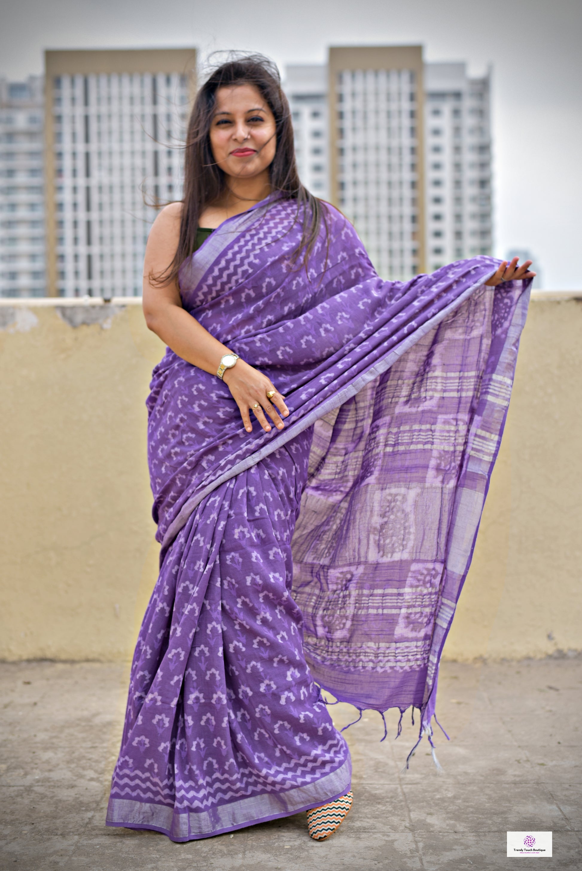  best summer handwoven handloom fabric handblock print organic slub linen saree violet lavender mauve purple color at best price online with blouse piece for office wear or everyday styling!