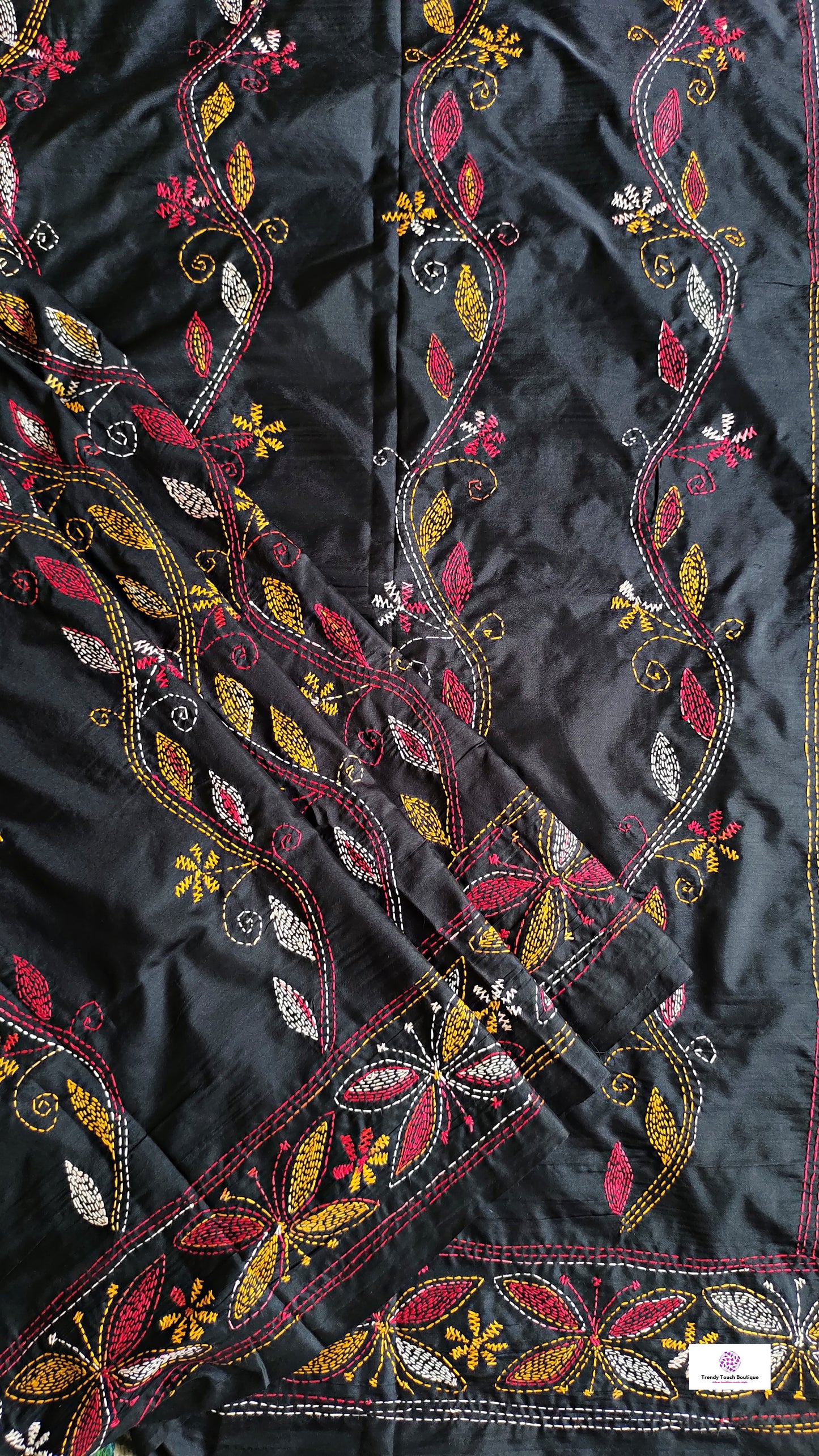 Kantha handembroidered designer black bangalore art lightweight silk saree with floral work for wedding functions and office events