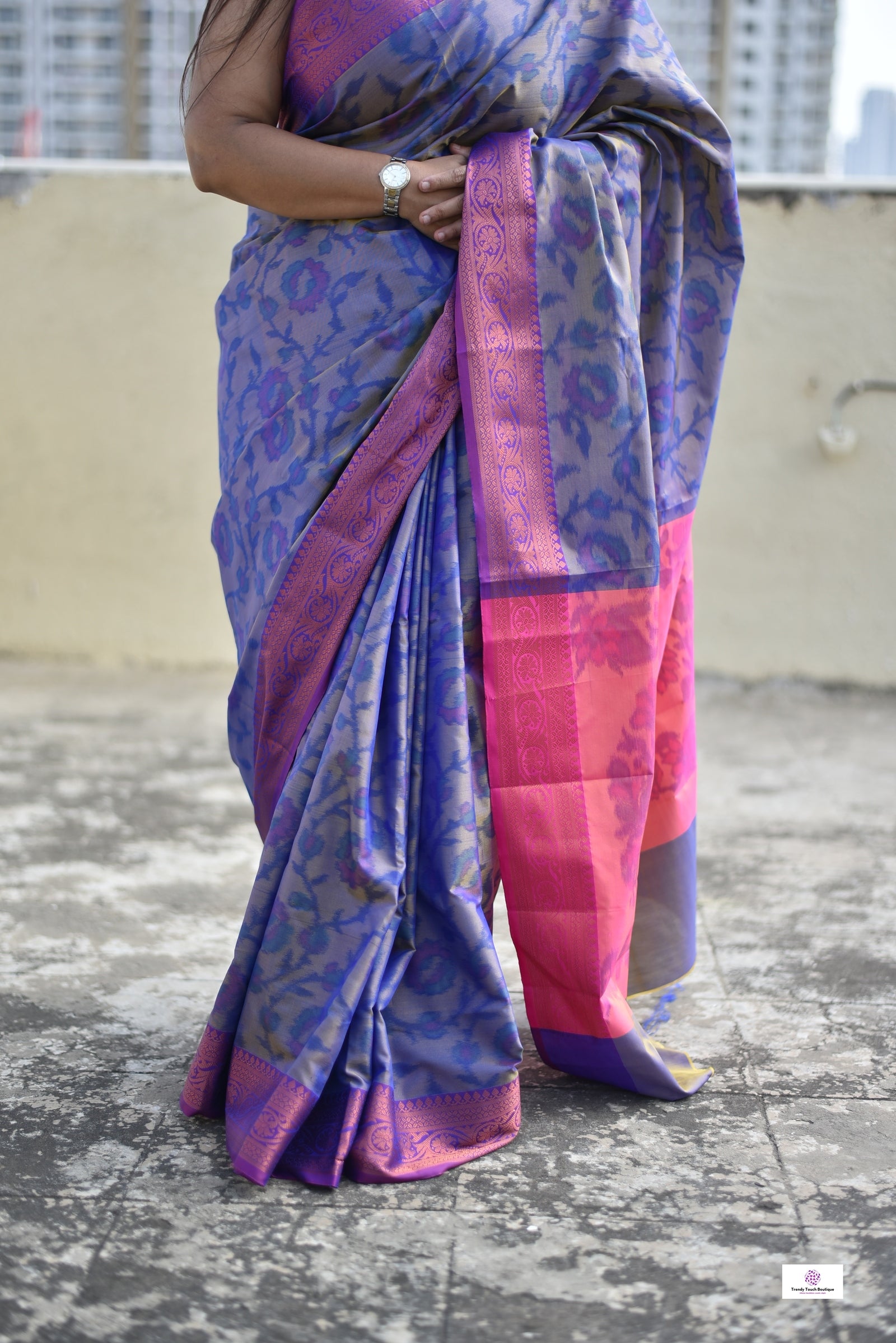 ikkat style digital print blue yellow dual tone and pink pallu soft silk saree for special function, puja and bridal ocassion with blouse piece best price