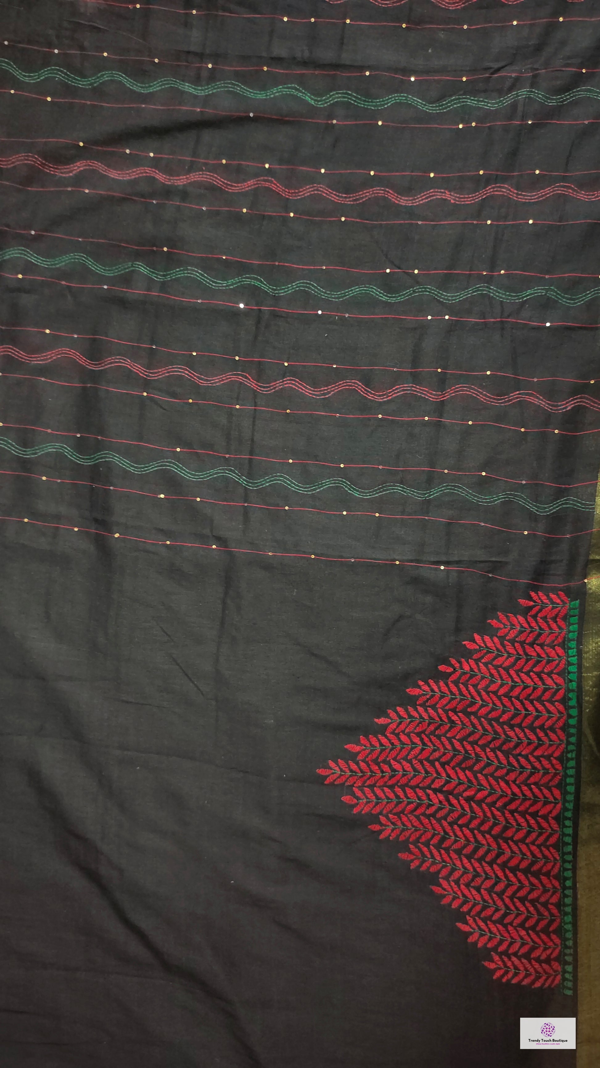 Black red Kantha hand embroidered designer mul cotton saree for office and casual styling celebration best price summer fabric