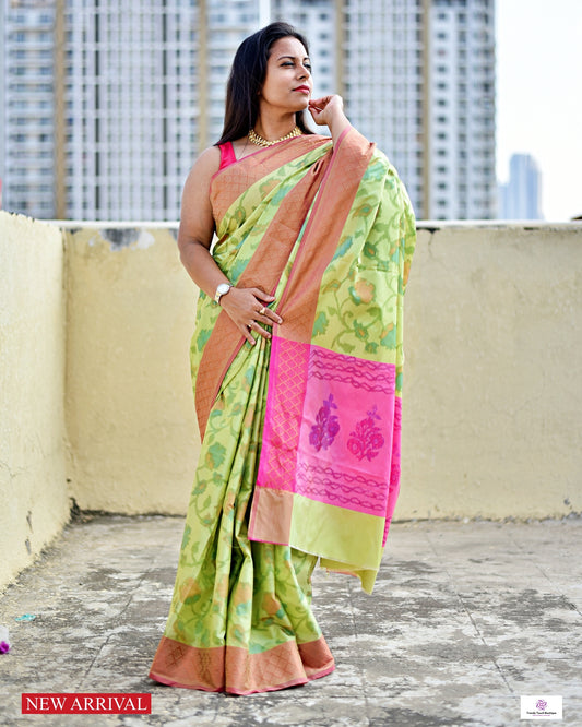 ikkat style digital print soft silk saree  green pink for haldi sangeet marriage bridal function puja and special ocassion with blouse piece best price