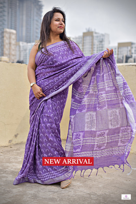 best summer handwoven handloom fabric handblock print organic slub linen saree violet lavender mauve purple color at best price online with blouse piece for office wear or everyday styling!