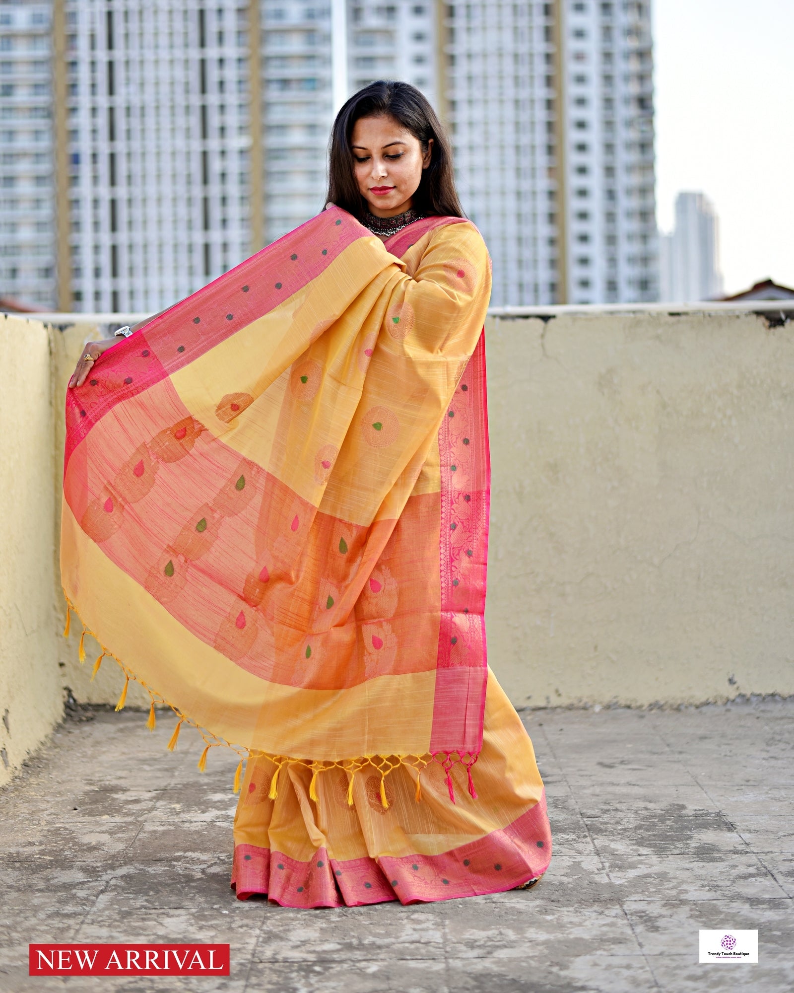 Muga cotton banarasi soft and lightweight puja and special ocassion casual wear saree yellow and pink with blouse piece best price