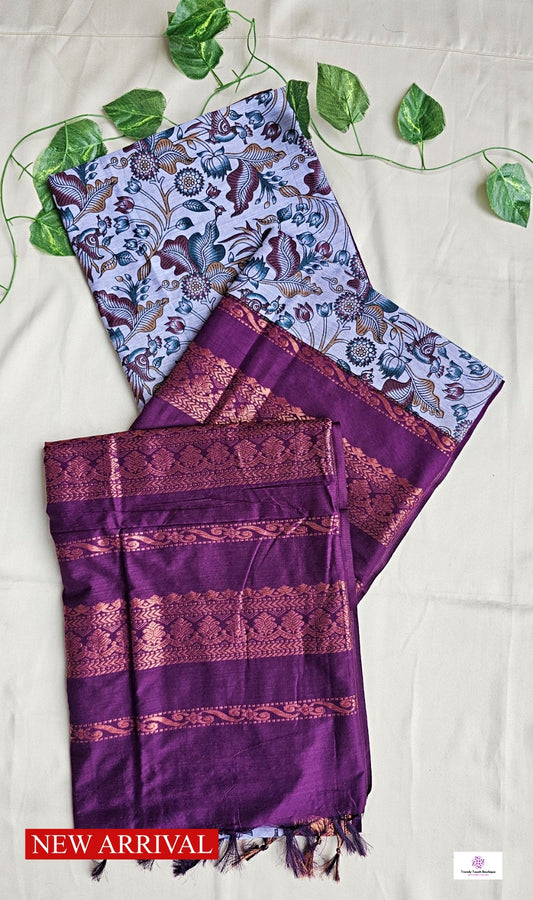 kalyani cotton gadwal kalamkari print  zari border lavendar magenta saree lightweight for office and special function with blouse piece best price