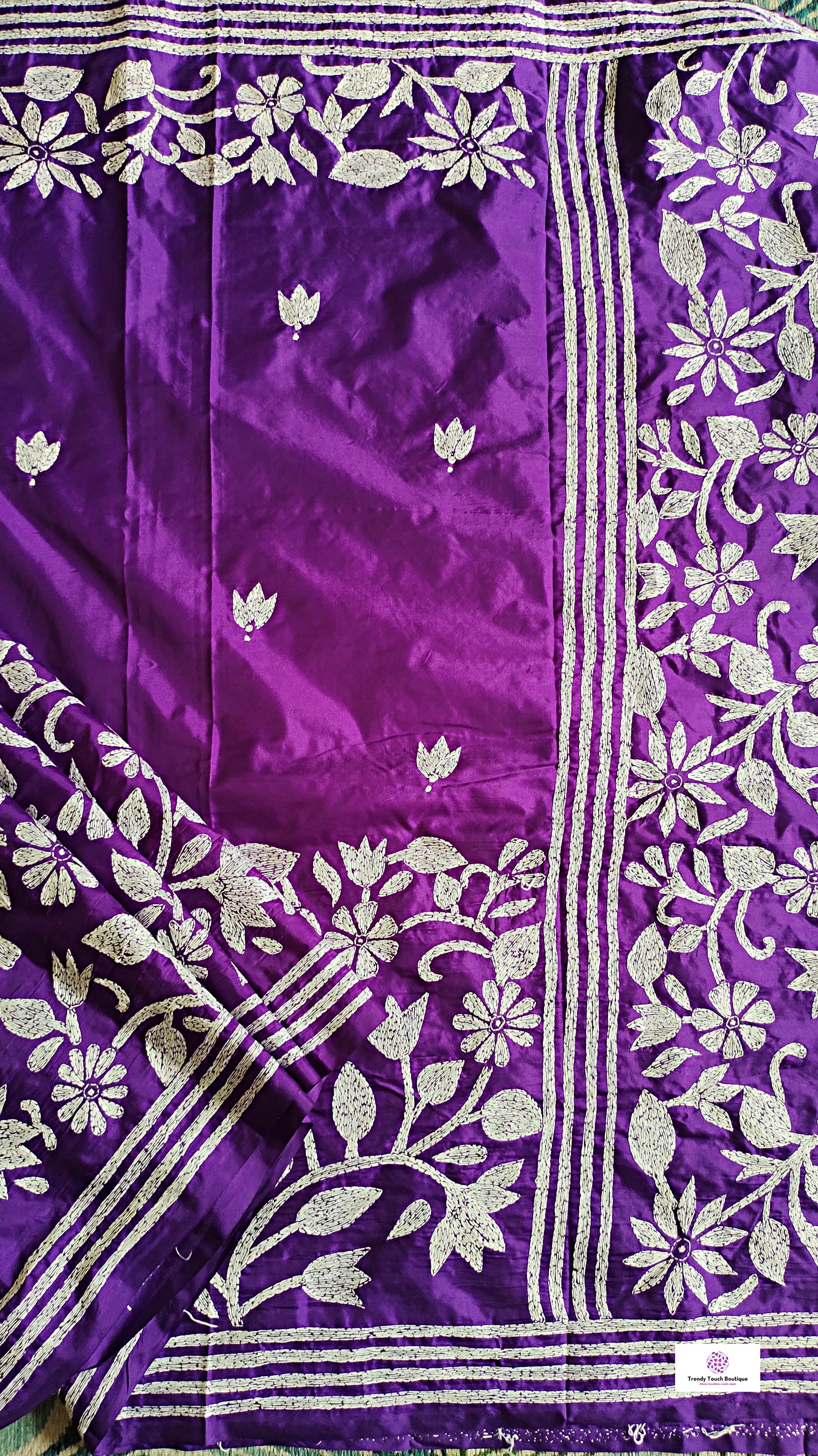 purple kantha hand embroidered designer silk saree purple and white thread fioral work for wedding functions and events best fabric best price