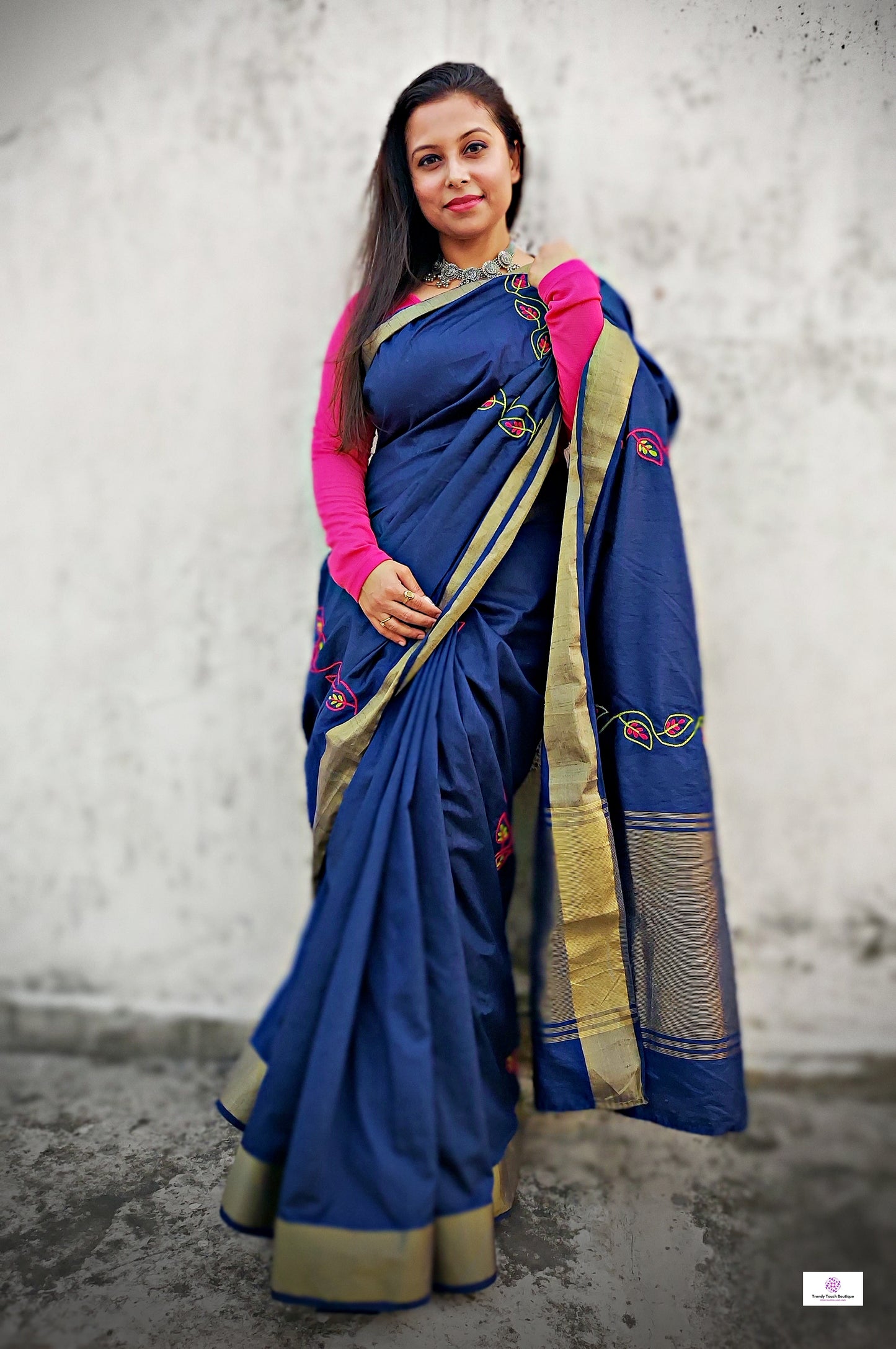 handembroidered designer cotton silk saree in blue for cocktail party, dinner, summer fashion sarees golden border