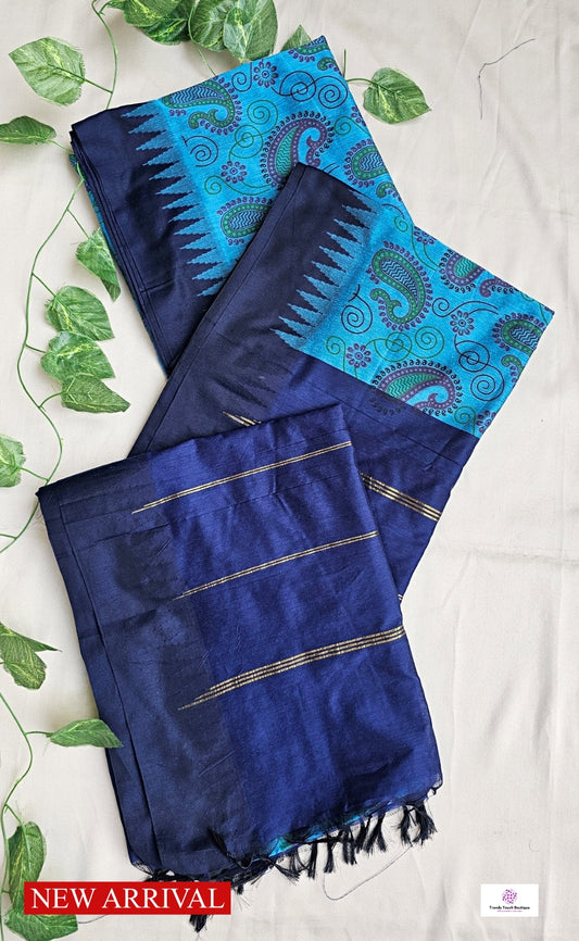 kalyani cotton gadwal kalamkari print blue saree with temple border is lightweight for office and special function with blouse piece best price