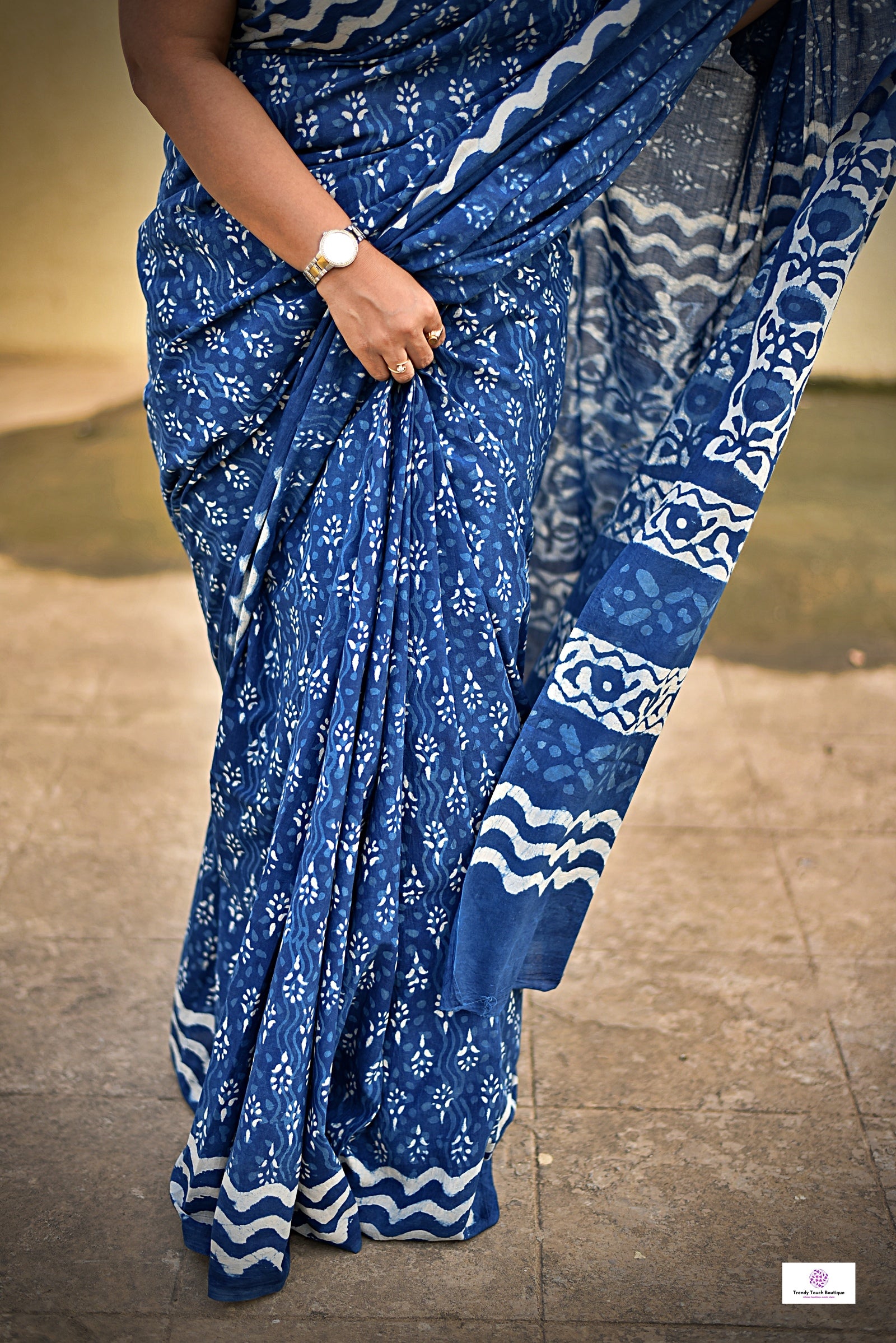 handblockprint mulcotton indigo saree office and casual wear best summer fabric in natural dye with zigzag and floral pattern with blouse piece