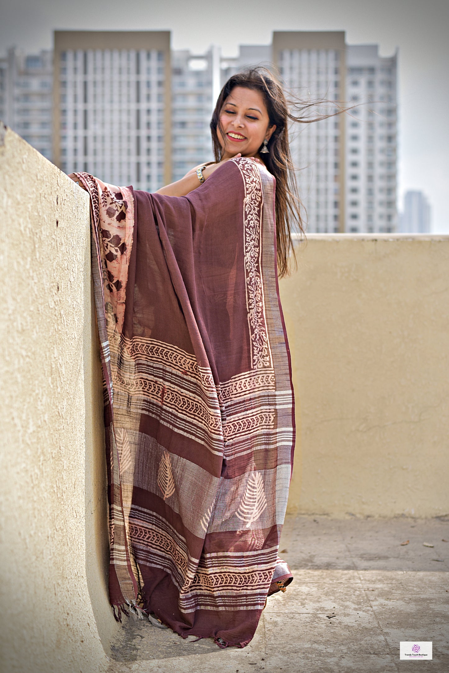  best summer handwoven handloom fabric handblock print organic slub linen saree brown color floral pattern at best price online with blouse piece for office wear or everyday styling!