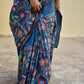 BLUE color multicolored thread kantha handembroidered designer bangalore art silk saree in floral pattern with blouse piece best price lightweight saree for wedding and office formal celebrations events with blouse piece