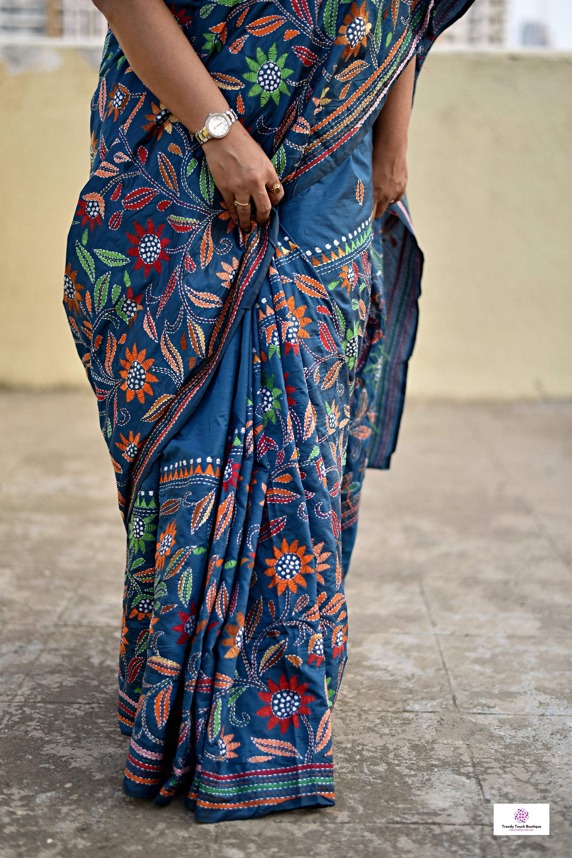 BLUE color multicolored thread kantha handembroidered designer bangalore art silk saree in floral pattern with blouse piece best price lightweight saree for wedding and office formal celebrations events with blouse piece