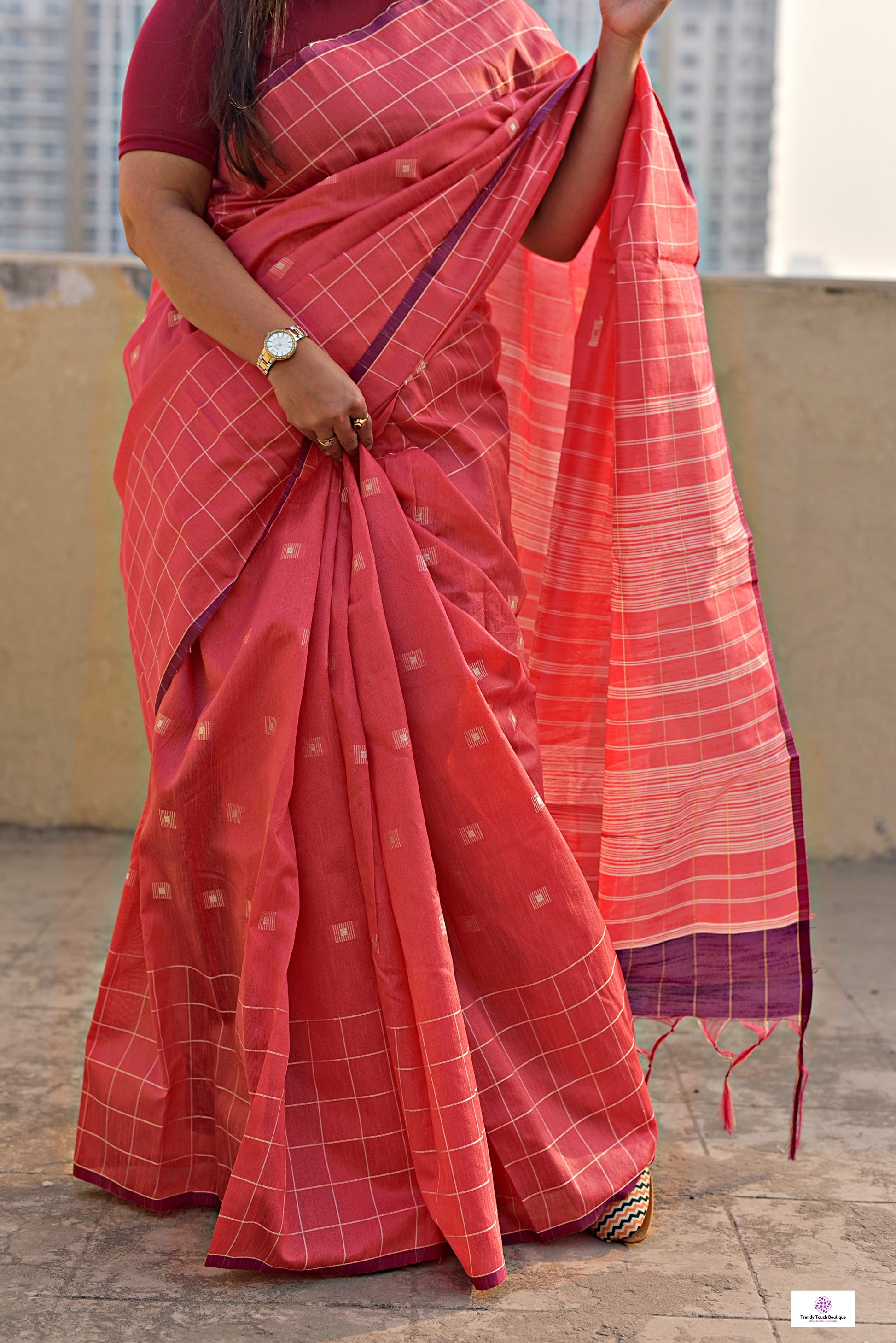 peach magenta silk cotton office wear formal wear sarees check pattern with blouse piece contrast best price online handloom