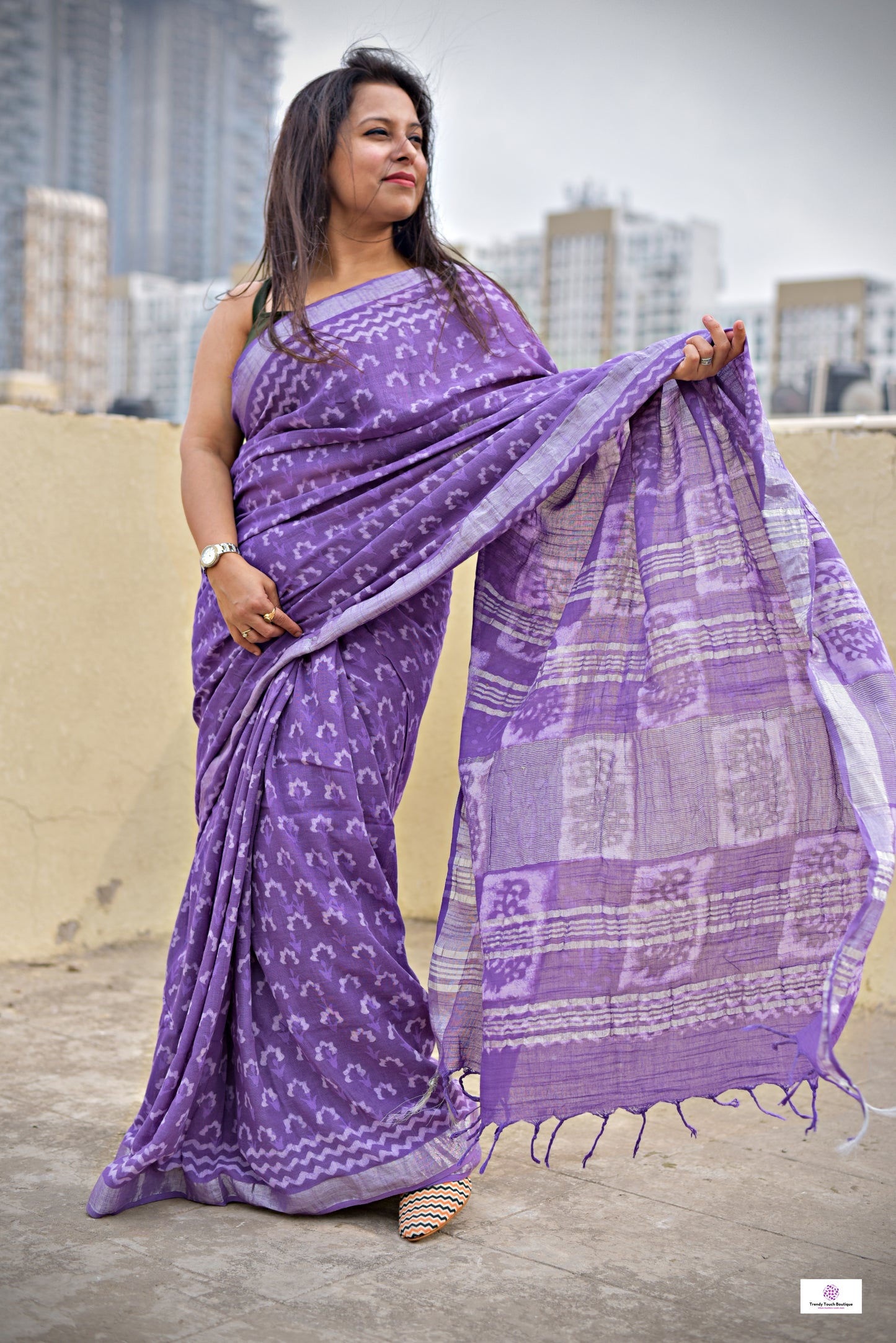  best summer handwoven handloom fabric handblock print organic slub linen saree violet lavender mauve purple color at best price online with blouse piece for office wear or everyday styling!