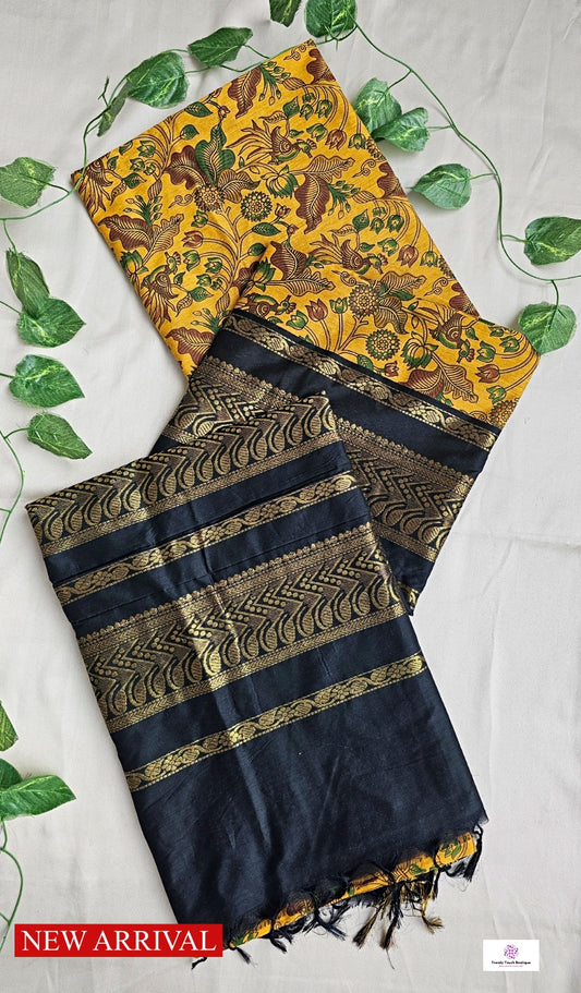 kalyani cotton gadwal kalamkari print yellow black saree lightweight for office and special function with blouse piece best price