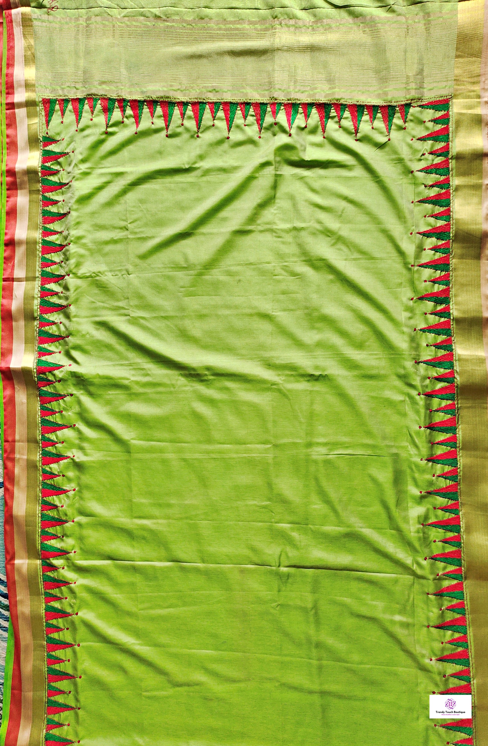 kantha handembroidered temple border on green red and golden bordered parrot green kataan silk saree best for summer wedding celebrations and speical functions with blouse piece best price