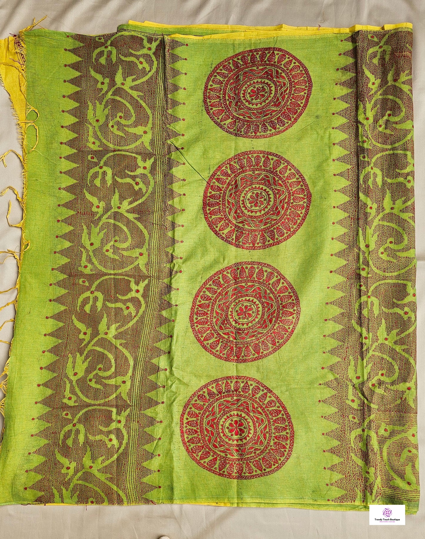 green yellow cotton kantha handembroidered designer saree best summer fabric wedding and casual celebration get together with blouse piece best price