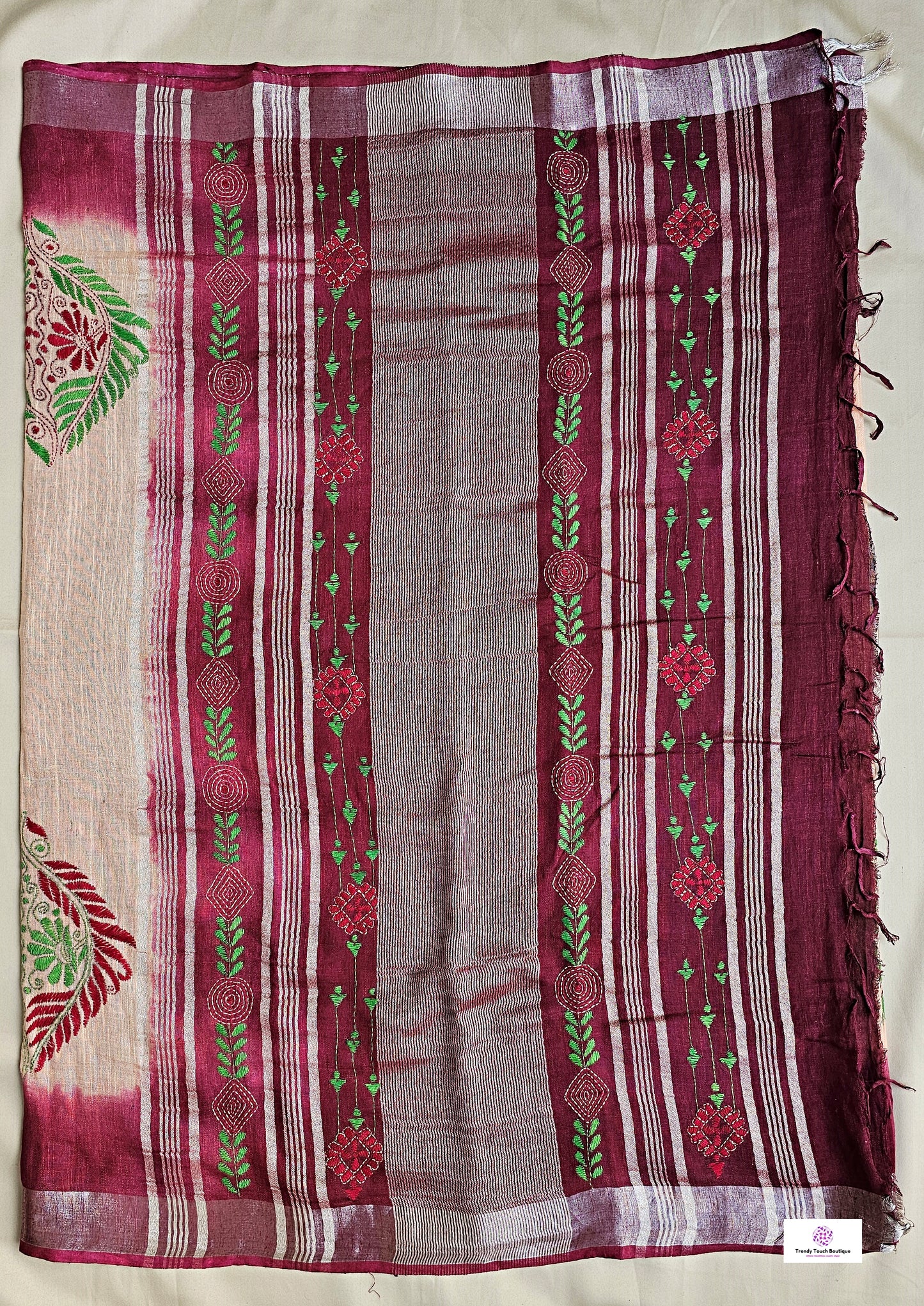 kantha handembroidered linen saree with maroon and beige tye and dye office wear or casual outing special events with blouse piece best price