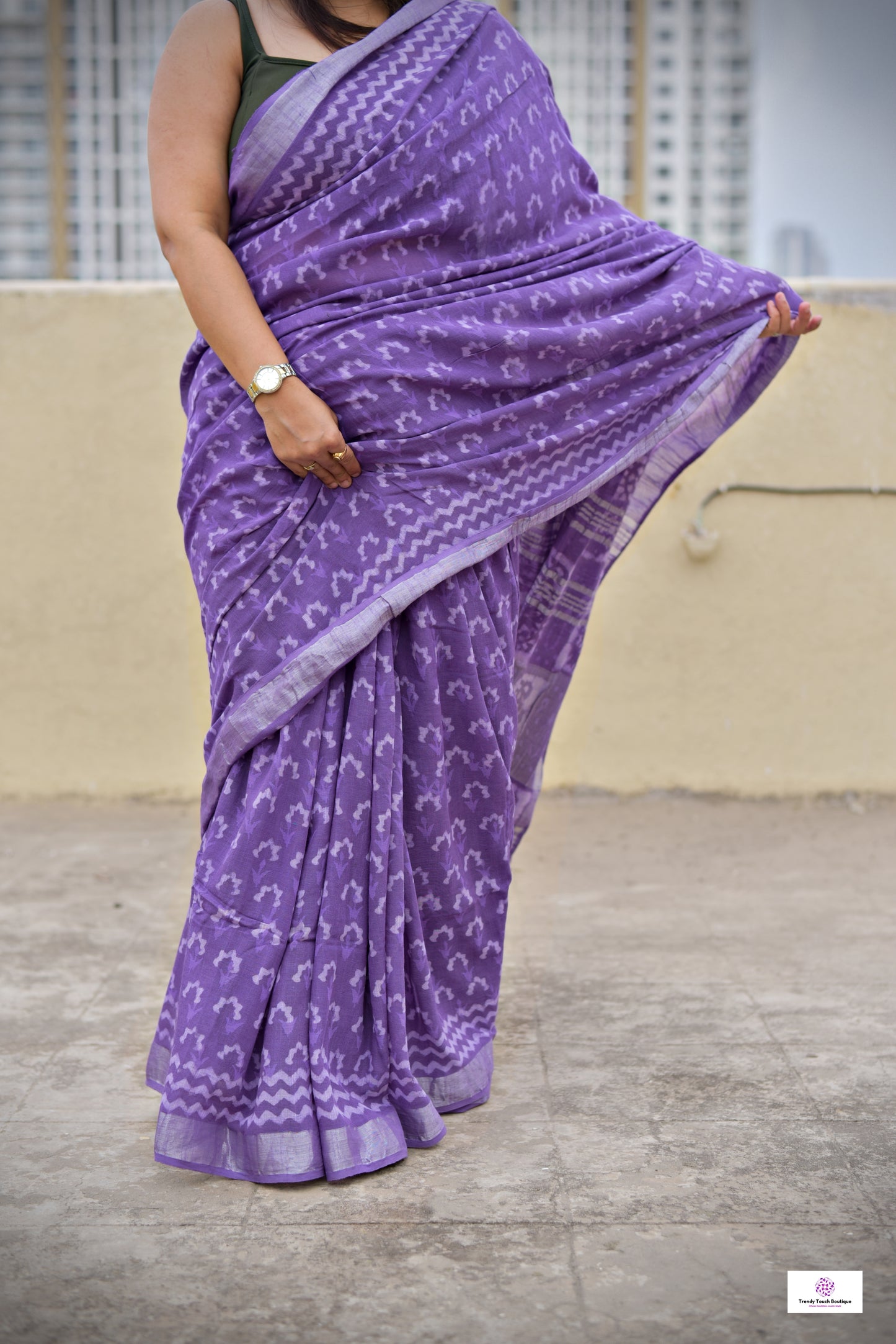  best summer handwoven handloom fabric handblock print organic slub linen saree violet lavender mauve purple color at best price online with blouse piece for office wear or everyday styling!