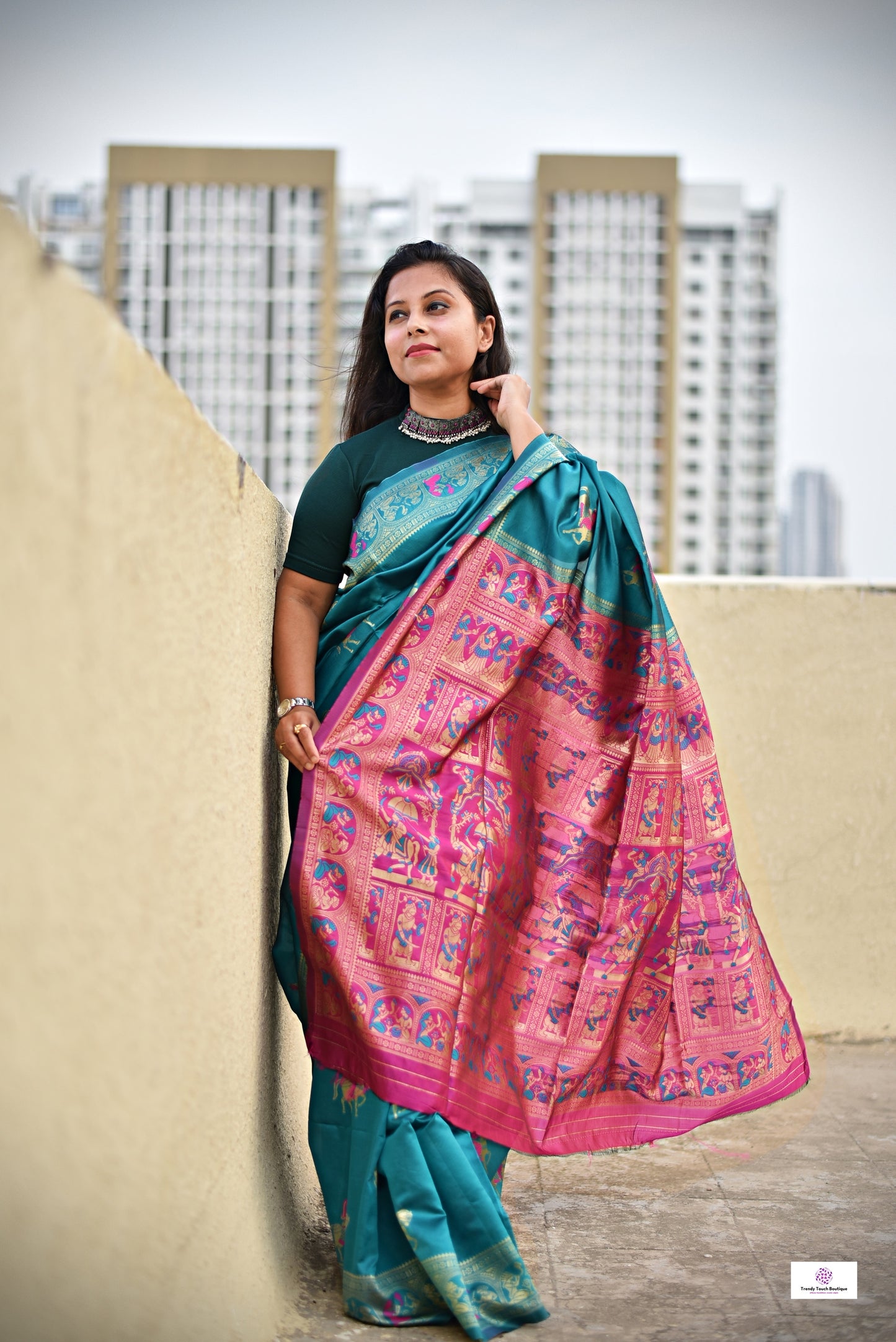 TRINA - BALUCHARI SILK (RAMA GREEN & RANI PINK)