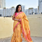 Muga cotton banarasi soft and lightweight puja and special ocassion casual wear saree yellow and pink with blouse piece best price