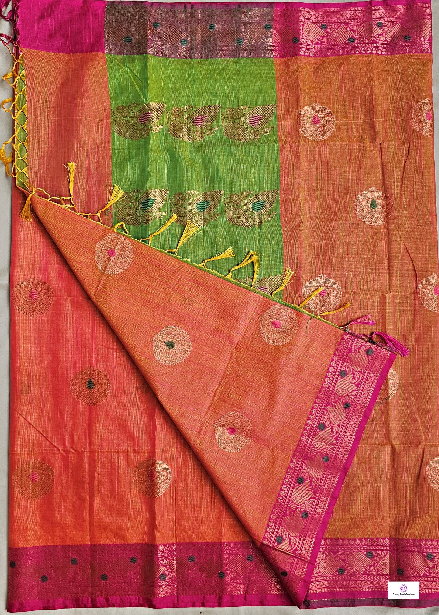 muga cotton banarasi saree in orange and green for wedding and bridal celebration and puja functions special ocassion with blouse piece and best price