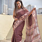  best summer handwoven handloom fabric handblock print organic slub linen saree brown color floral pattern at best price online with blouse piece for office wear or everyday styling!