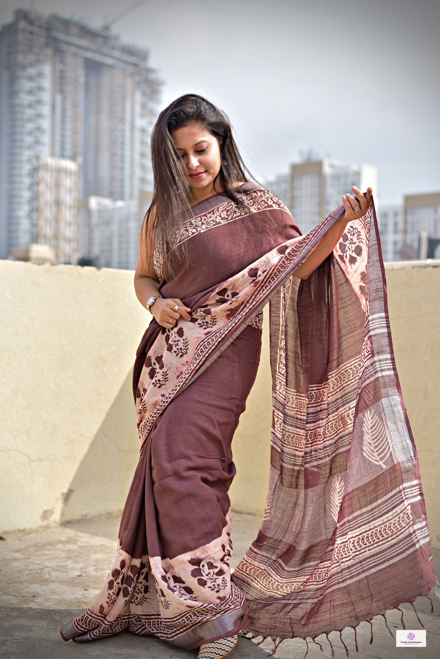  best summer handwoven handloom fabric handblock print organic slub linen saree brown color floral pattern at best price online with blouse piece for office wear or everyday styling!