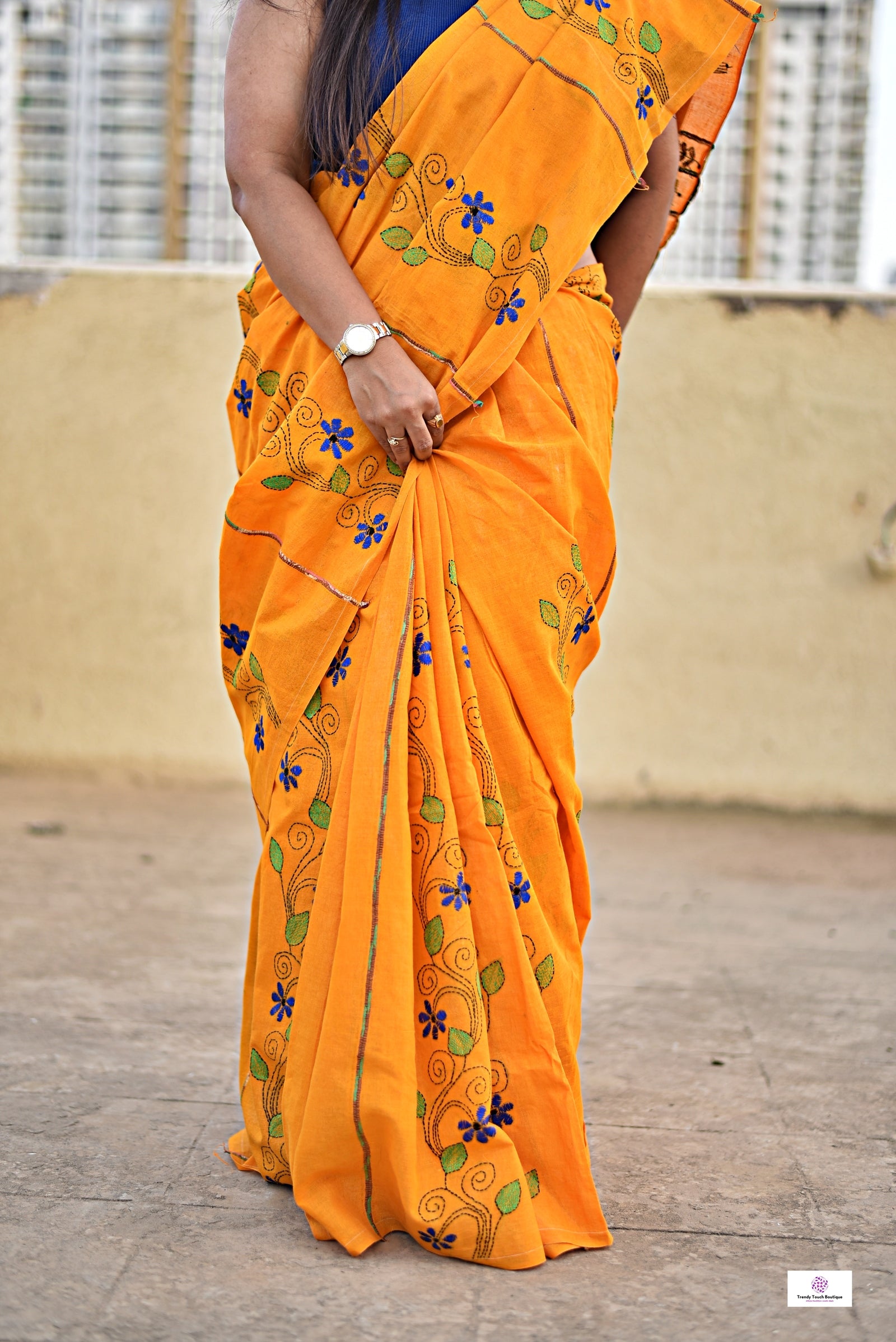 yellow kantha handembroidered designer khesh khadi cotton handloom saree best summer fabric with blouse piece best price wedding functions