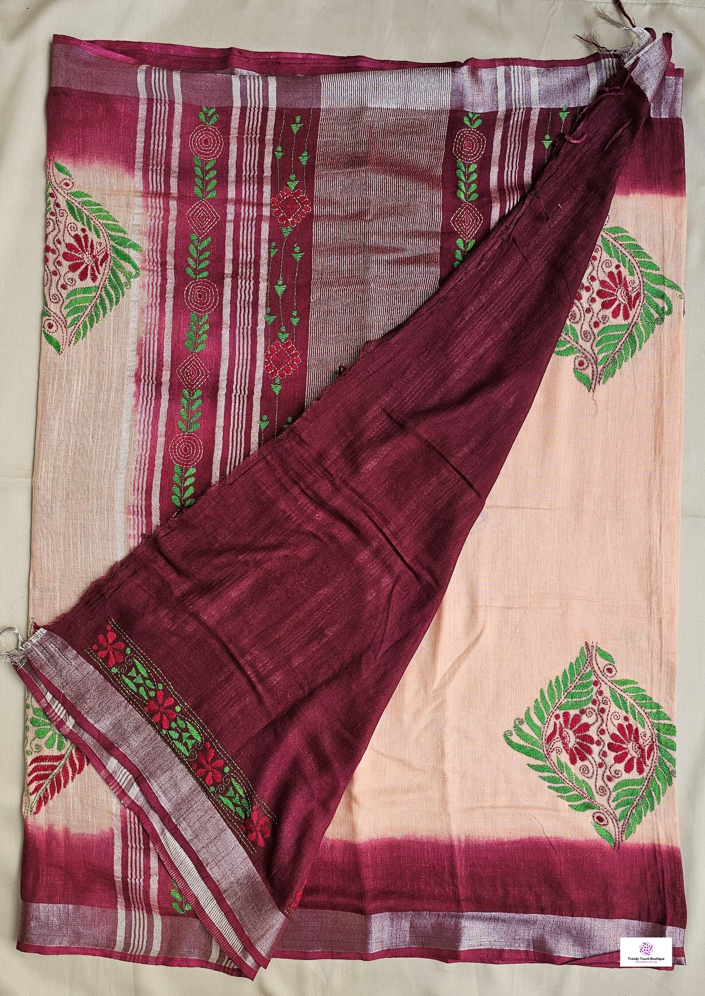 kantha handembroidered linen saree with maroon and beige tye and dye office wear or casual outing special events with blouse piece best price