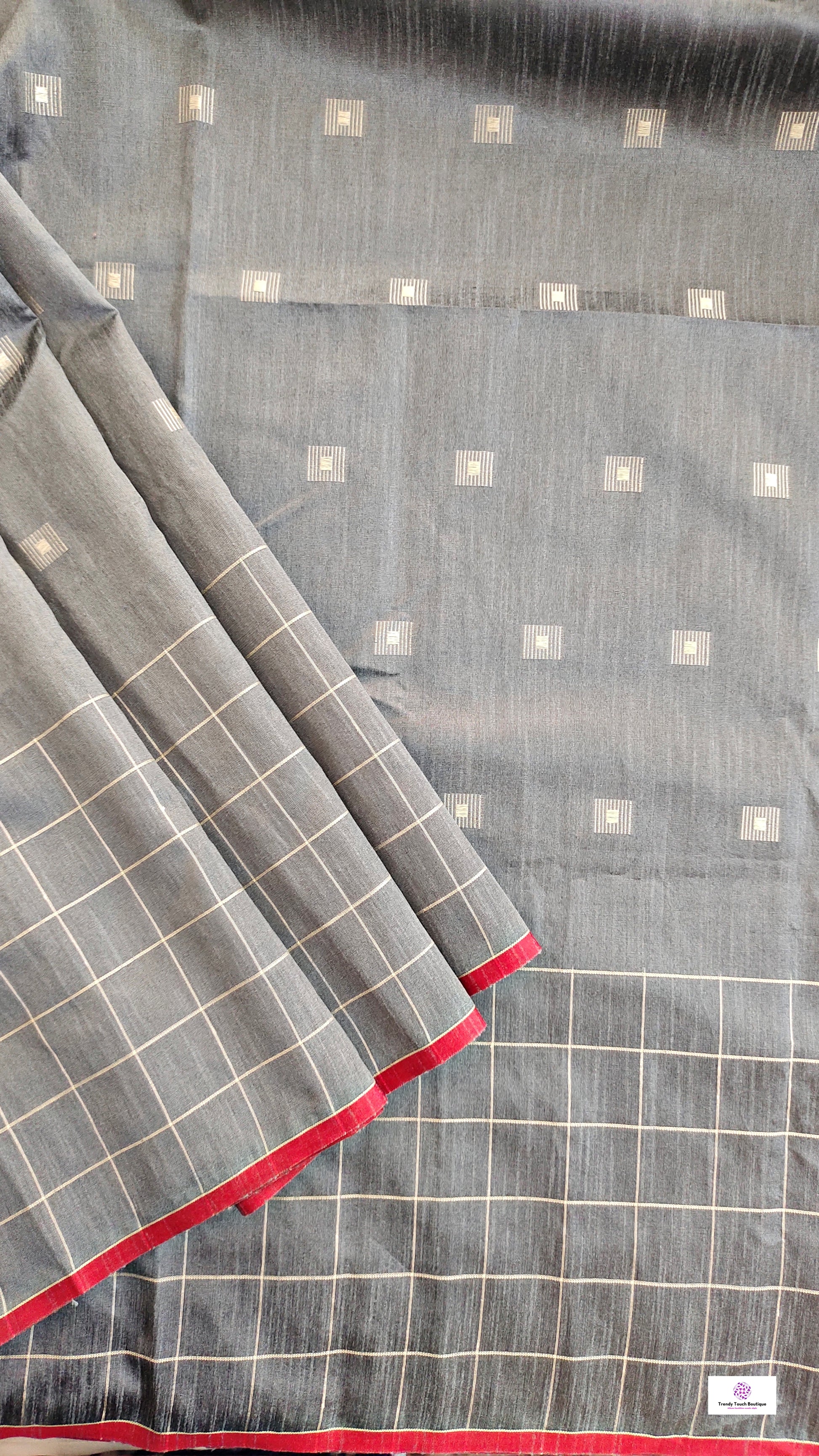 grey red handloom silk cotton office wear formal wear sarees check pattern with blouse piece contrast best price online