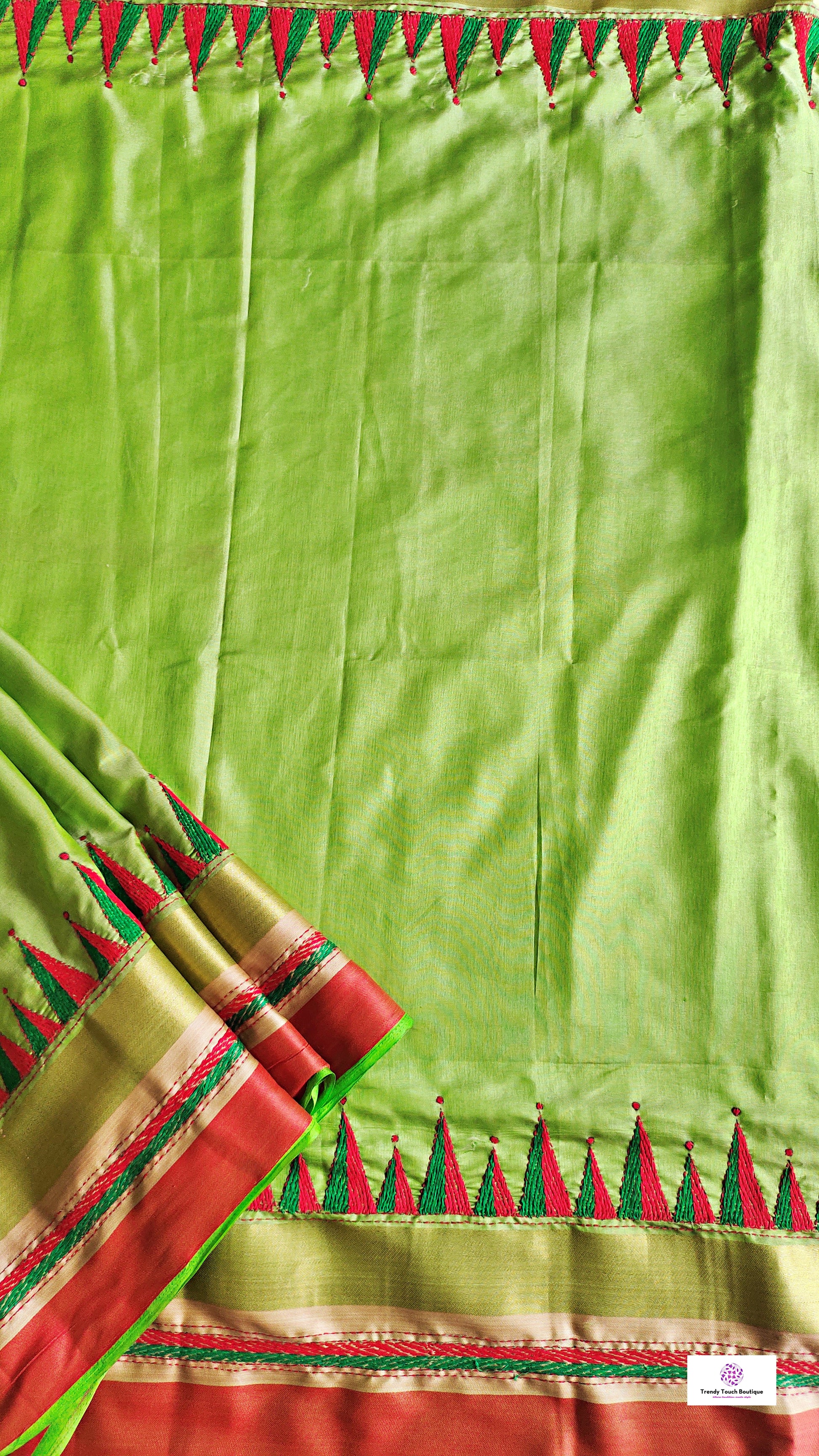 kantha handembroidered temple border on green red and golden bordered parrot green kataan silk saree best for summer wedding celebrations and speical functions with blouse piece best price