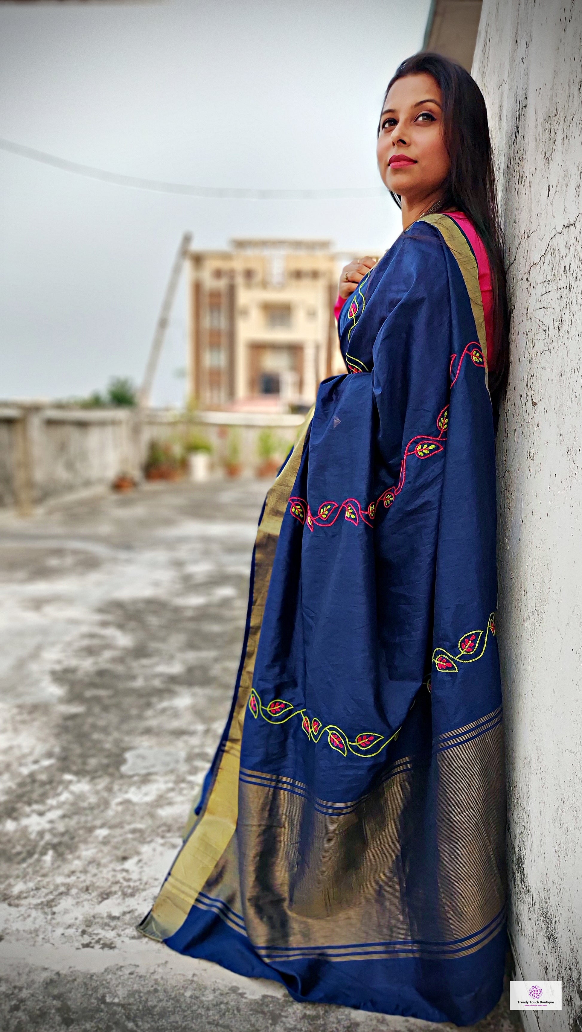 handembroidered designer cotton silk saree in blue for cocktail party, dinner, summer fashion sarees golden border