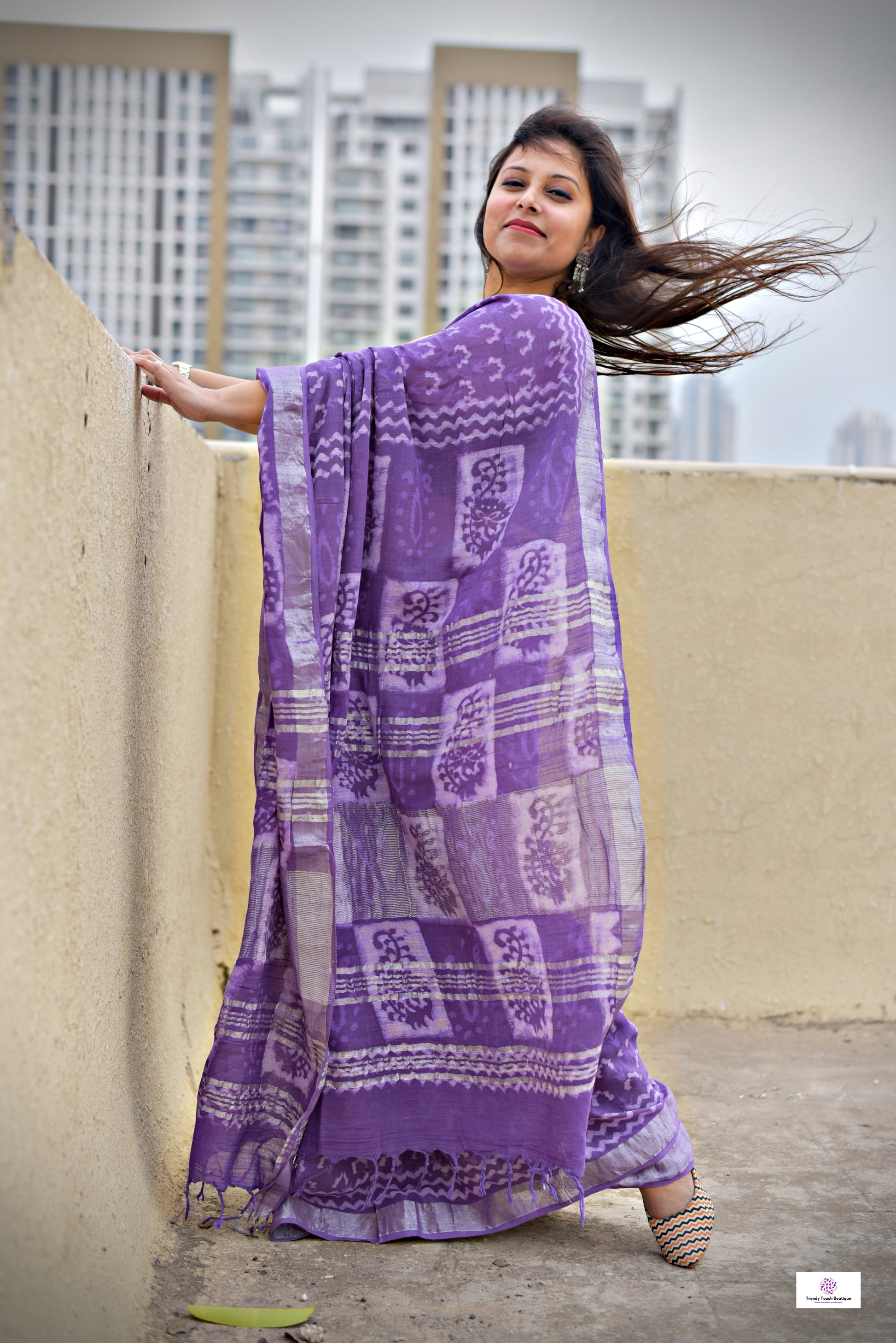  best summer handwoven handloom fabric handblock print organic slub linen saree violet lavender mauve purple color at best price online with blouse piece for office wear or everyday styling!