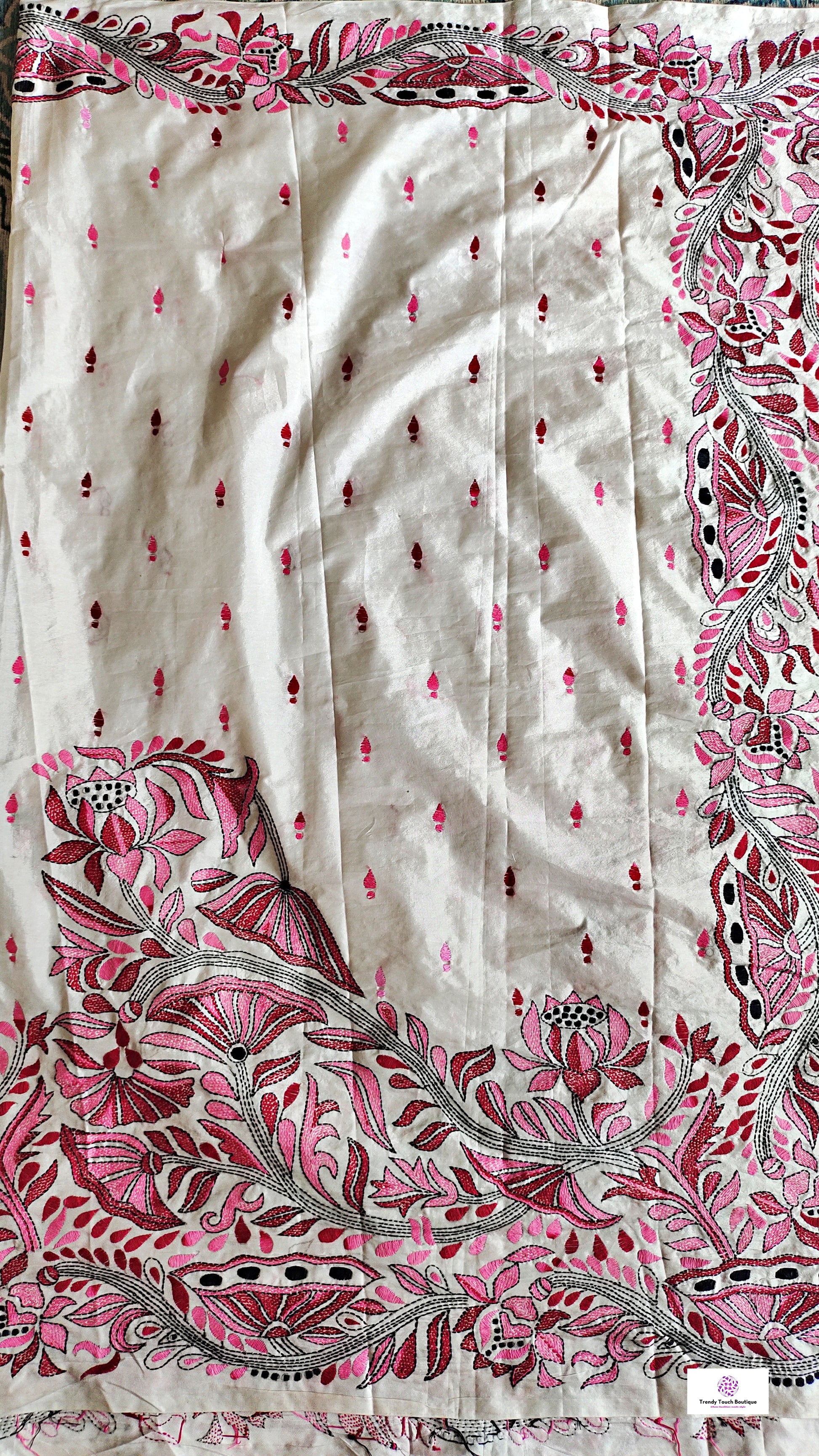 kantha hand embroidered designer bangalore art silk saree white with lotus kantha work in red maroon pink and black best summer fabric blouse piece for wedding functions and special celebrations style festive wear saree