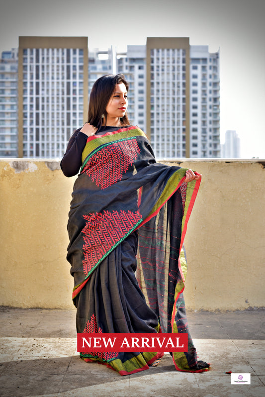 Black red Kantha hand embroidered designer mul cotton saree for office and casual styling celebration best price summer fabric