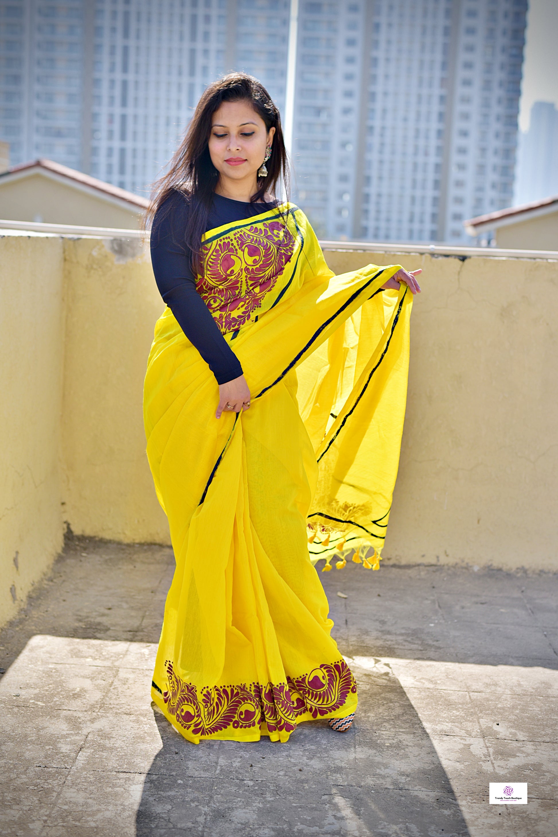 Handpainted designer cotton silk saree yellow haldi ceremony marriage function fresher farewell party summer saree best price