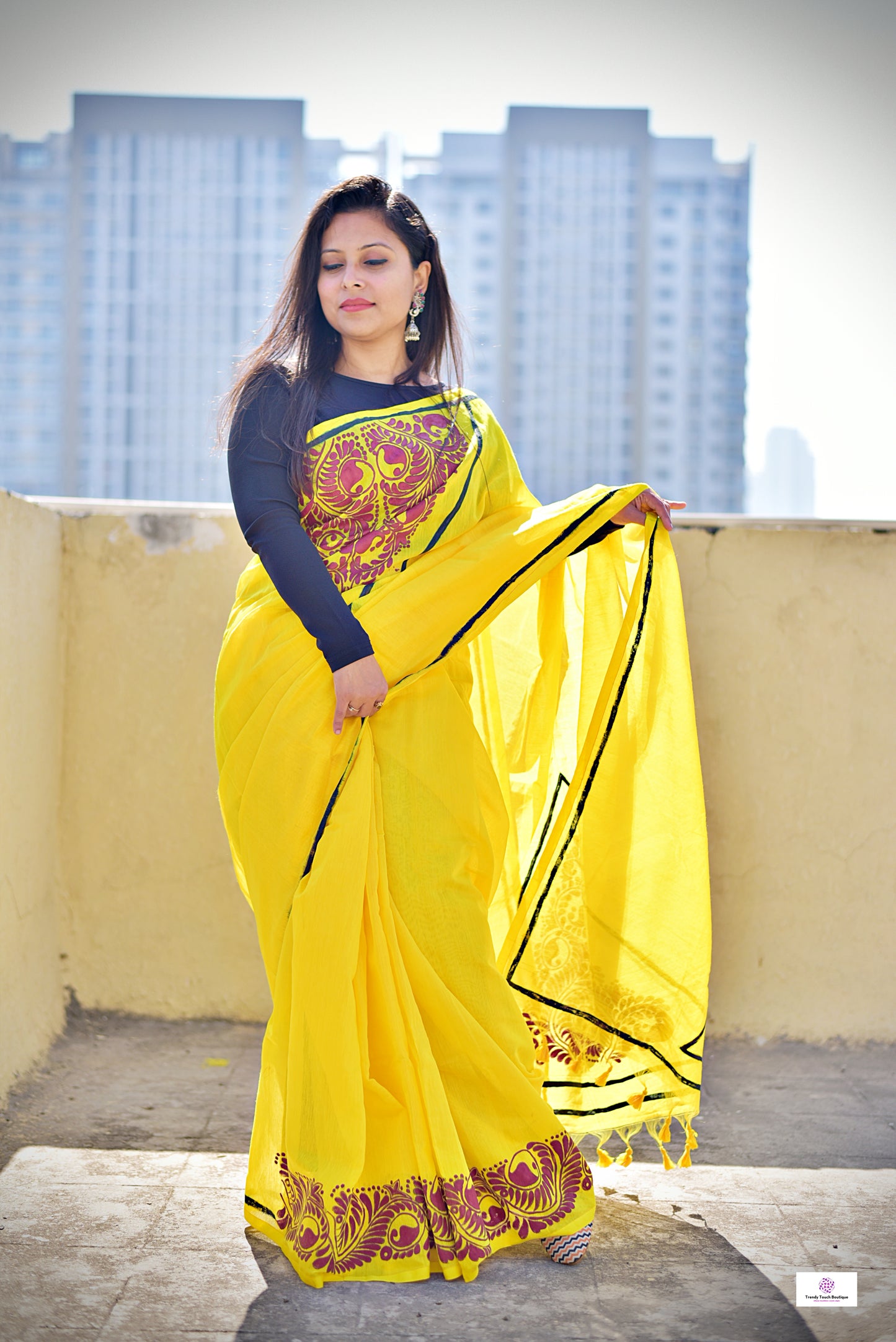 Handpainted designer cotton silk saree yellow haldi ceremony marriage function fresher farewell party summer saree best price