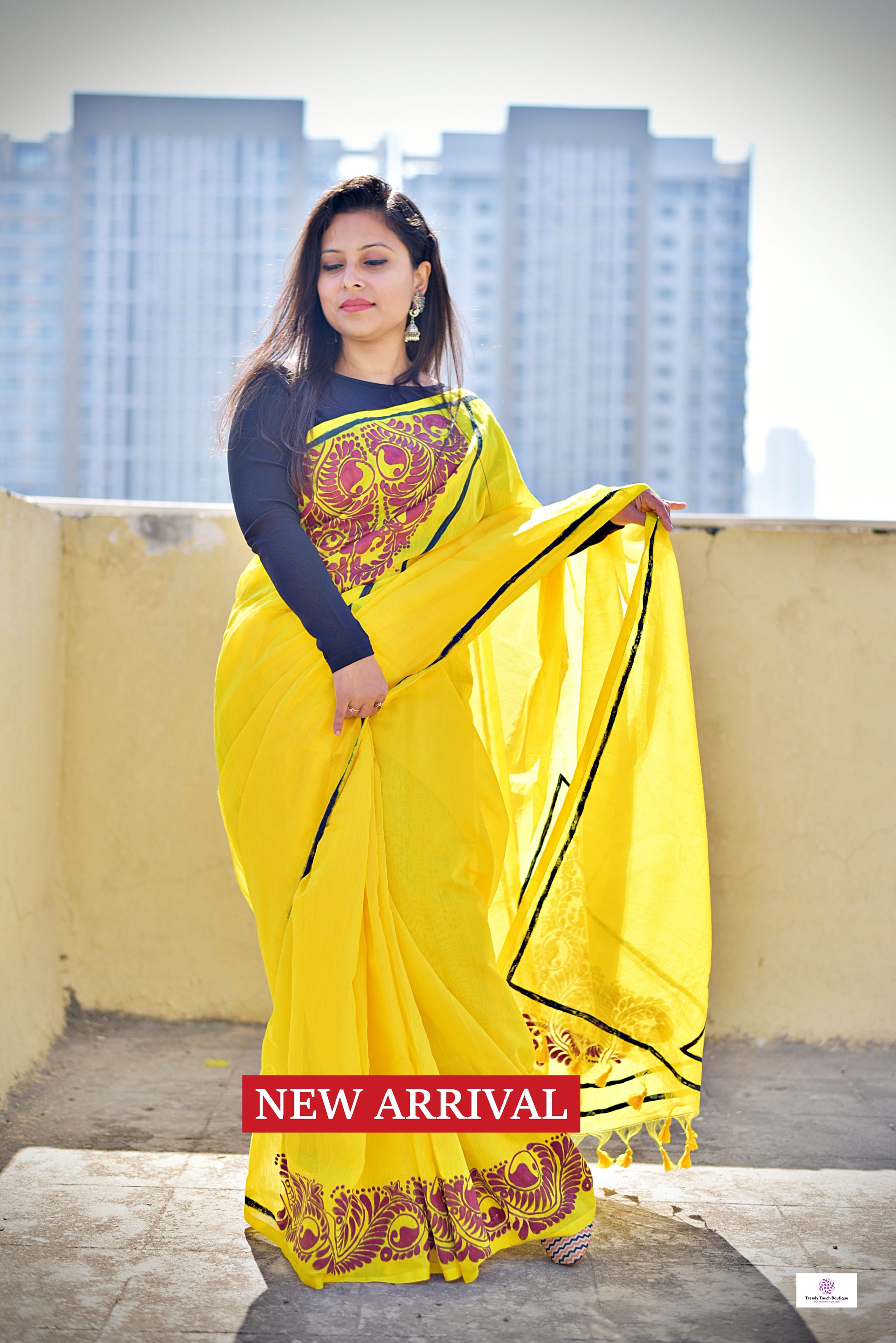 Handpainted designer cotton silk saree yellow haldi ceremony marriage function fresher farewell party summer saree best price