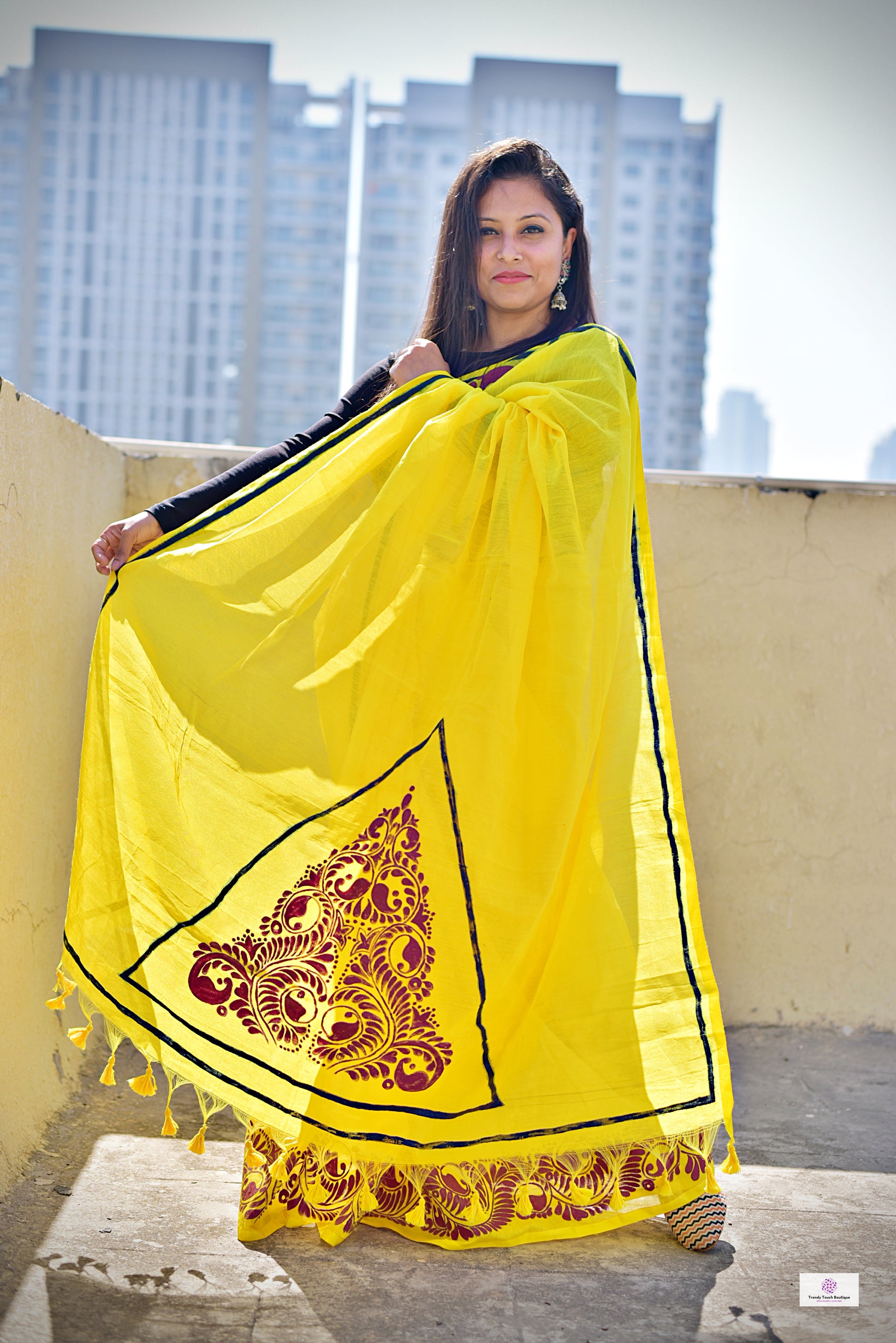 Handpainted designer cotton silk saree yellow haldi ceremony marriage function fresher farewell party summer saree best price