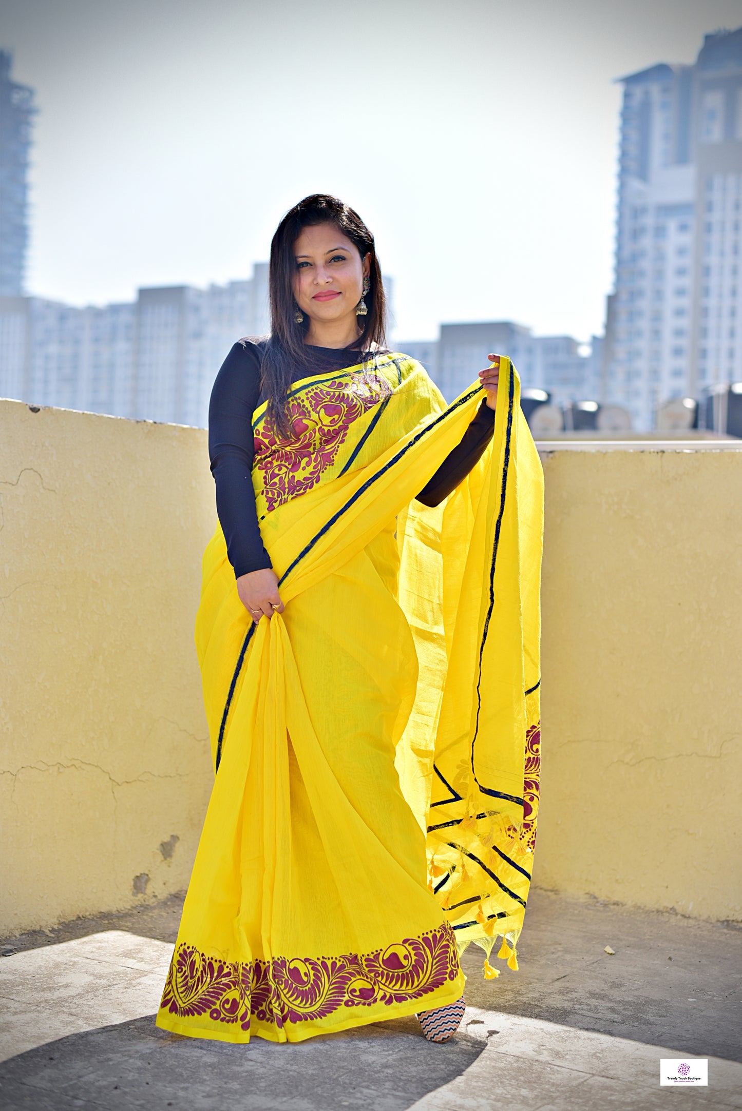 Handpainted designer cotton silk saree yellow haldi ceremony marriage function fresher farewell party summer saree best price