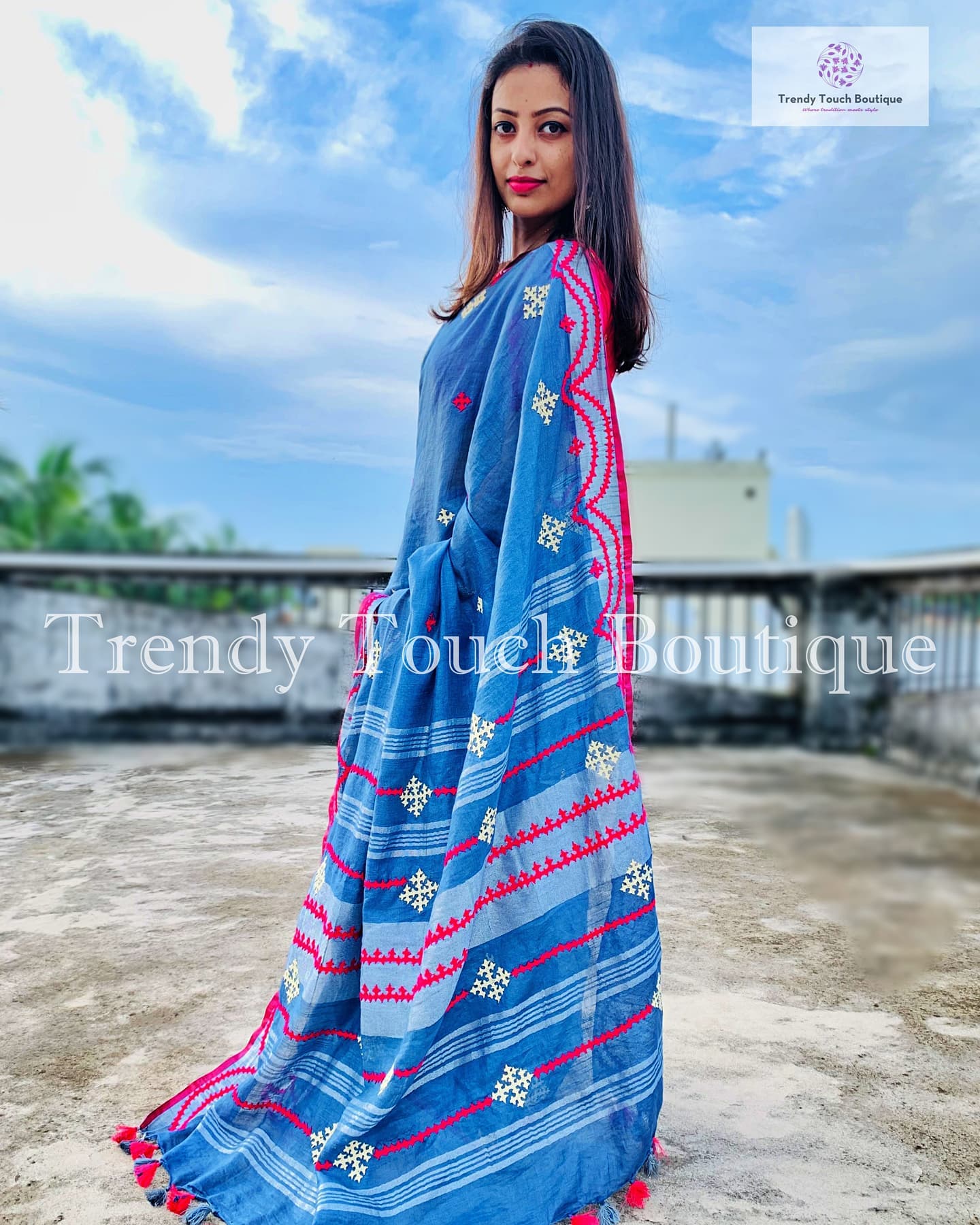 kutch work linen cotton summer wear sarees for office and special occasion lightweight blue pink color with contrast blouse piece only summer weddings best price