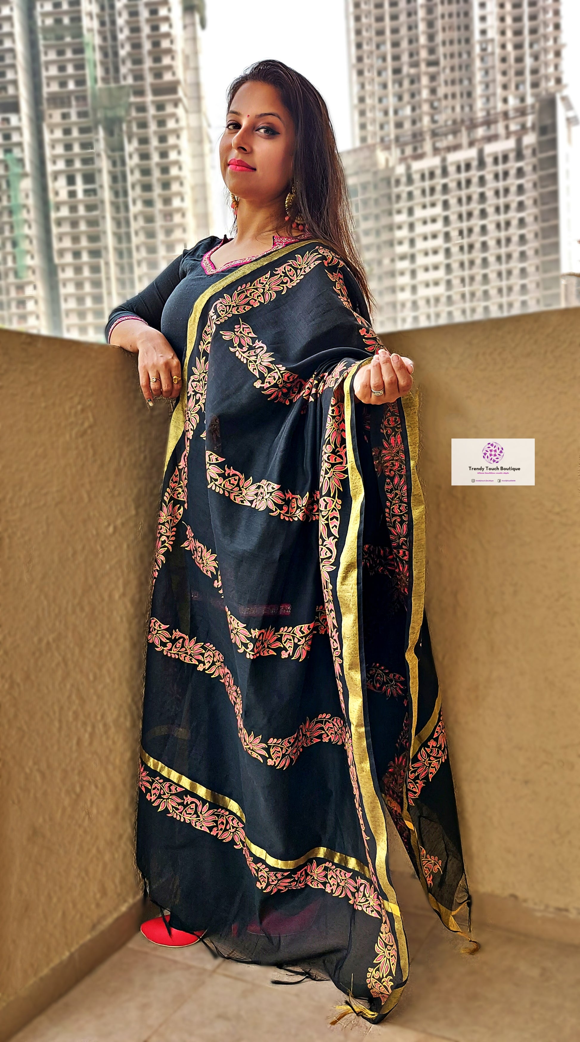 Handpainted black chanderi silk dupatta for special celebration and gifting