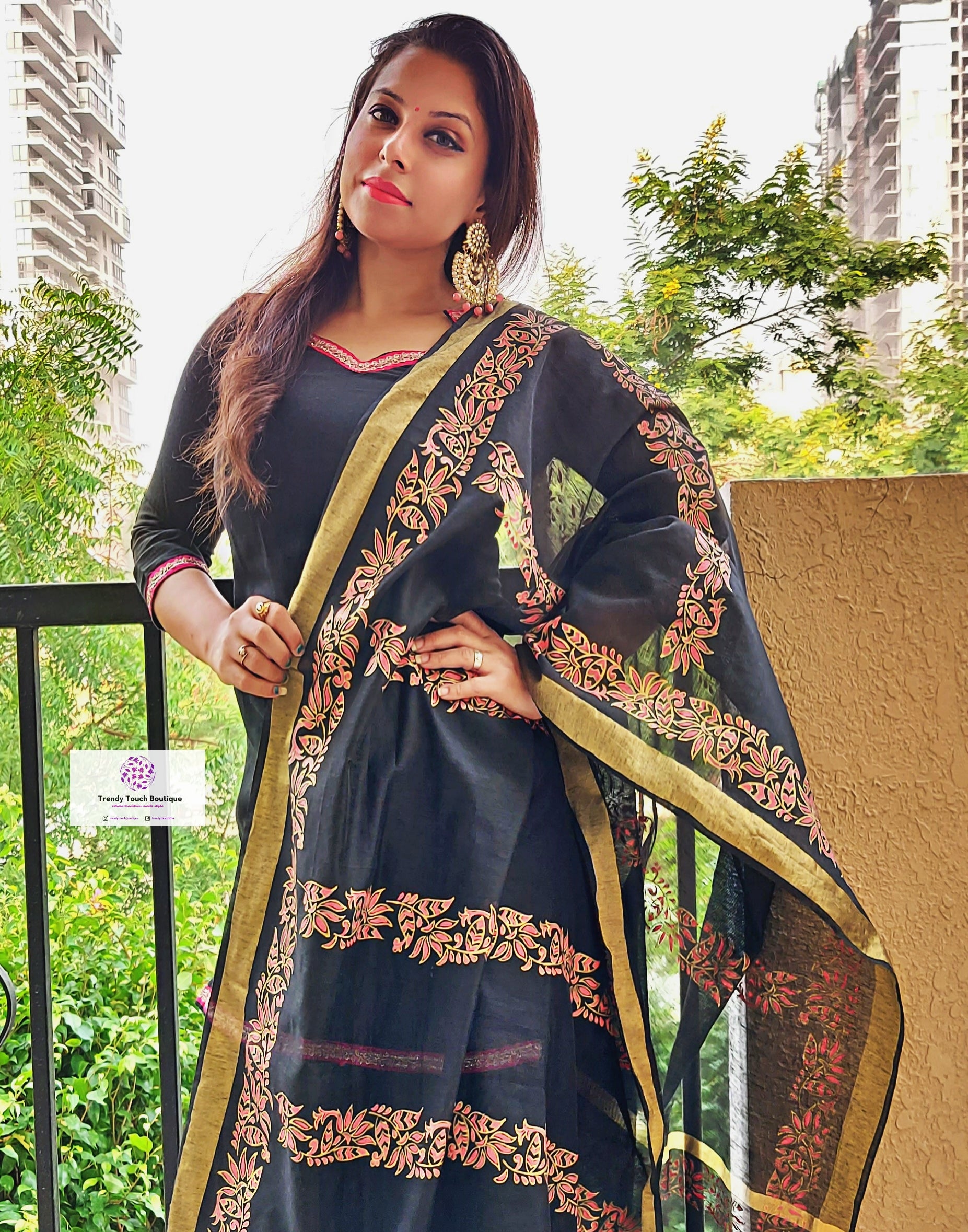 Handpainted black chanderi silk dupatta for special celebration and gifting