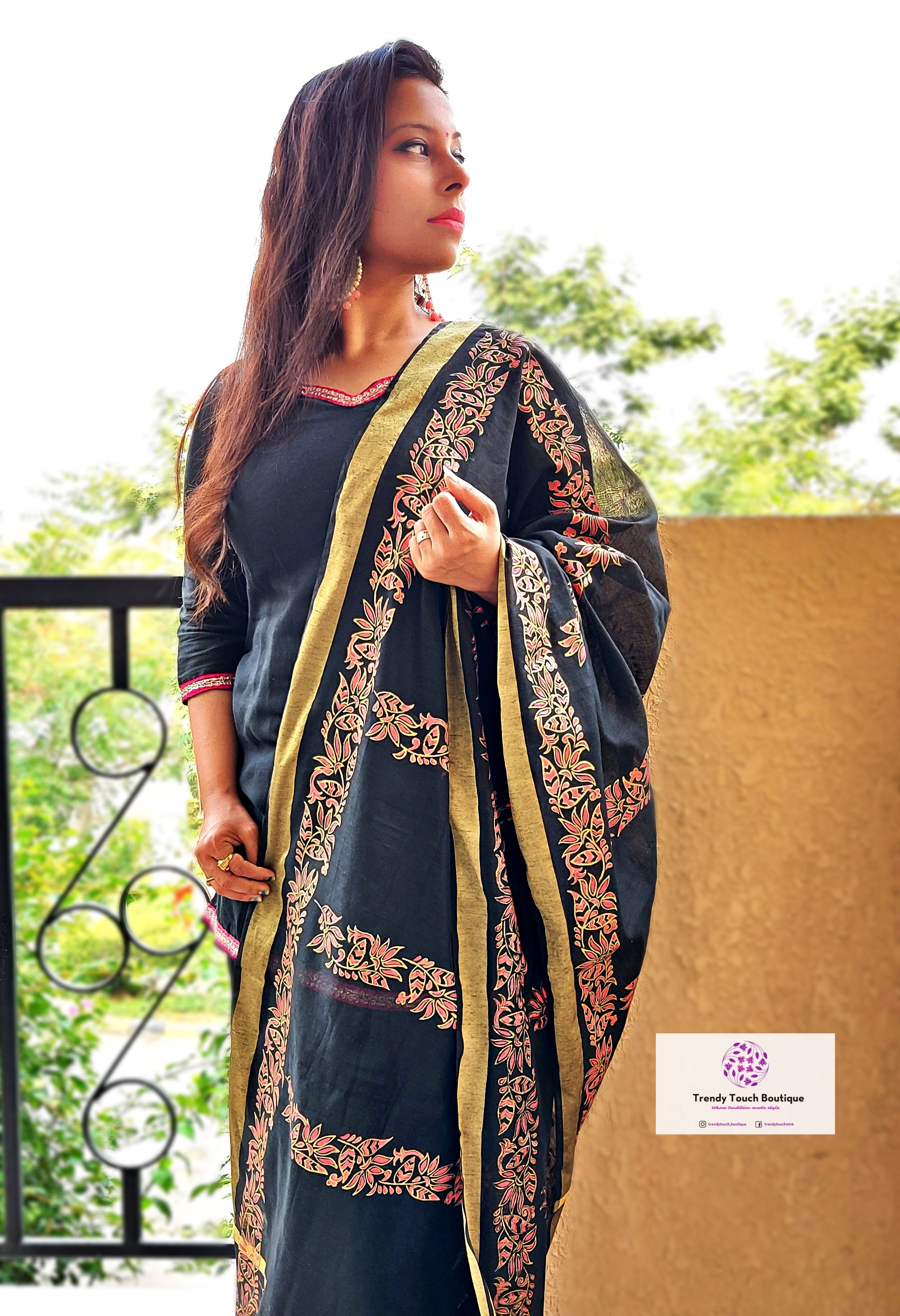 Handpainted black chanderi silk dupatta for special celebration and gifting