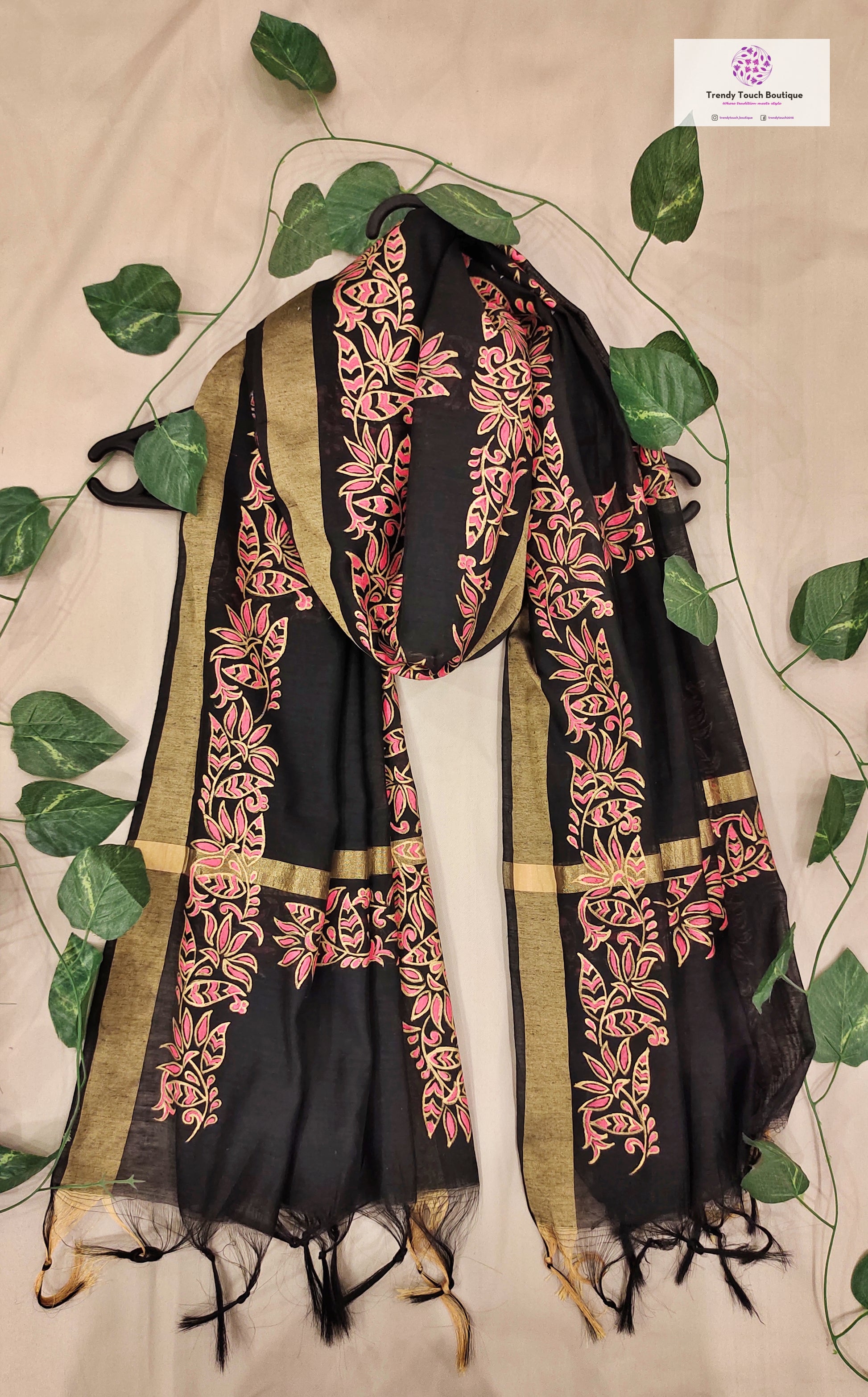 Handpainted black chanderi silk dupatta for special celebration and gifting