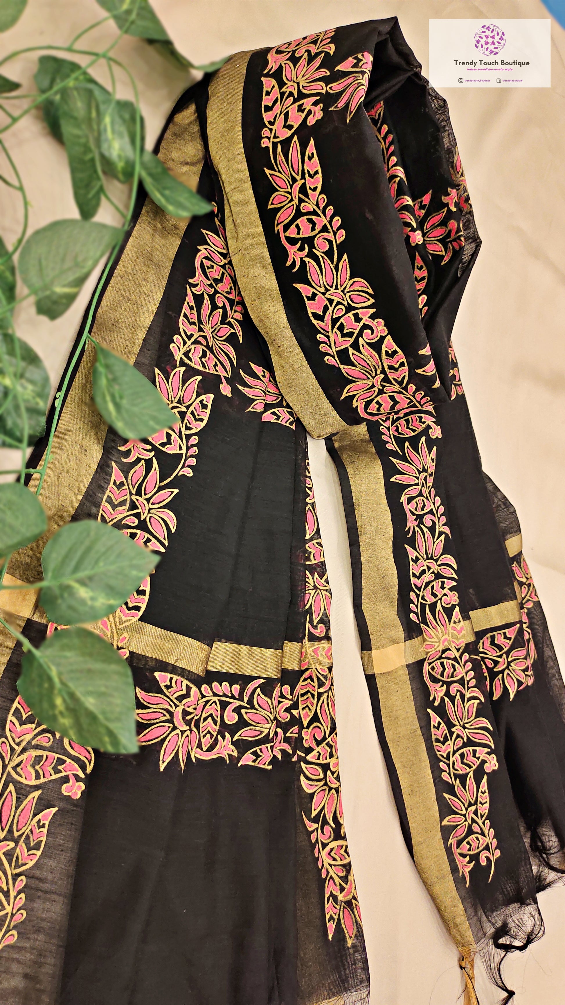 Handpainted black chanderi silk dupatta for special celebration and gifting