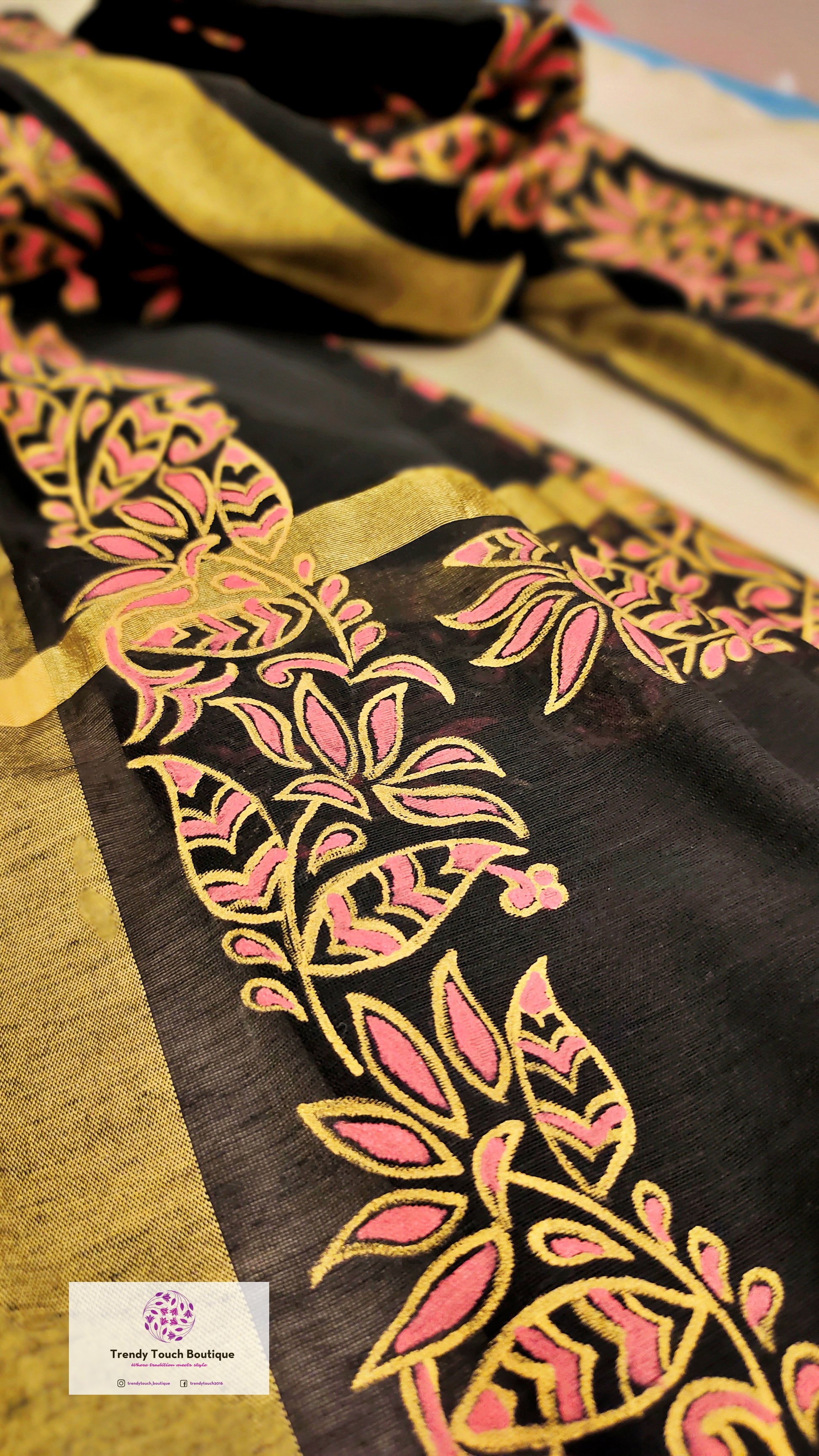 Handpainted black chanderi silk dupatta for special celebration and gifting